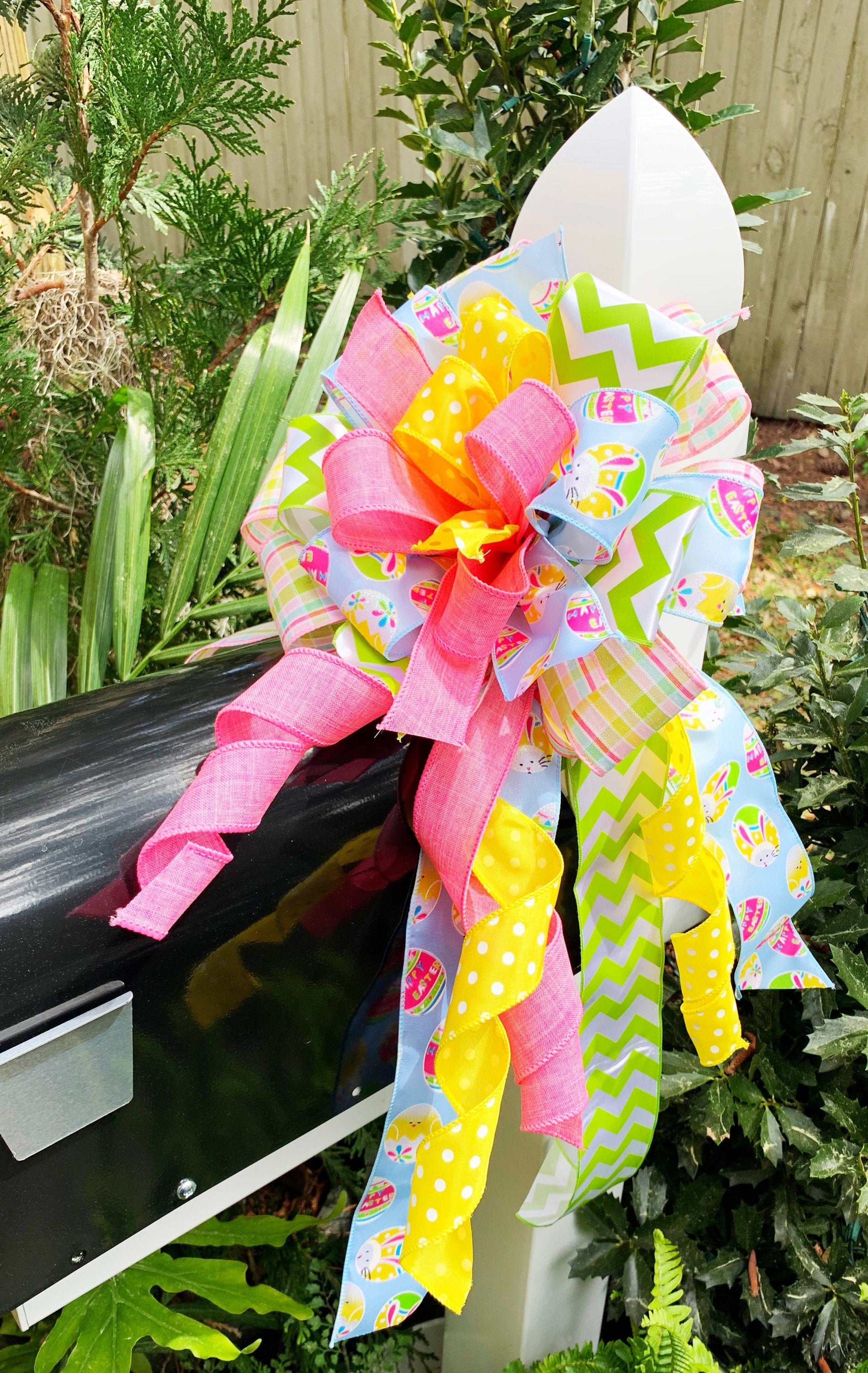 Easter Bow in Pastel Pink, Blue, and Green Featuring Easter Bunny & Egg  Ribbon. Perfect for Mailbox, Door, and Wreath.