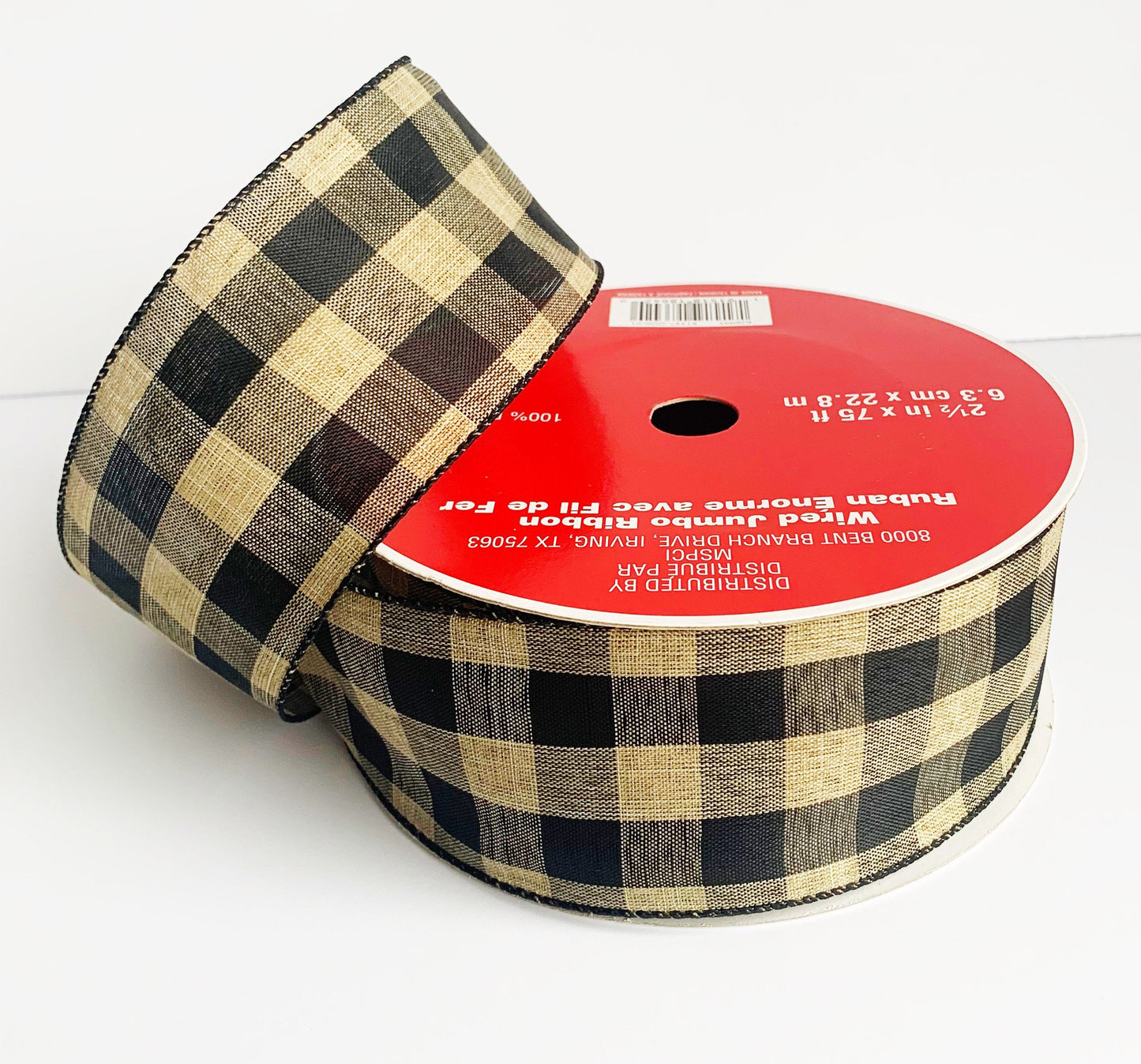 Ribbon Roll - Plaid Ribbon, Plaid Check Ribbon, Plaid, Check Ribbon, Wired Ribbon, Ribbon, Craft, Craft Ribbon, Bow Ribbon, Tan Ribbon