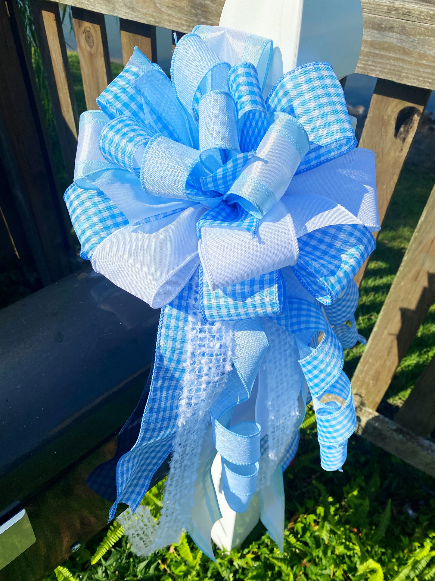 Baby Boy Bow in Blue & White Gingham Ribbon. Perfect for Mailbox, Door, and Wreath.