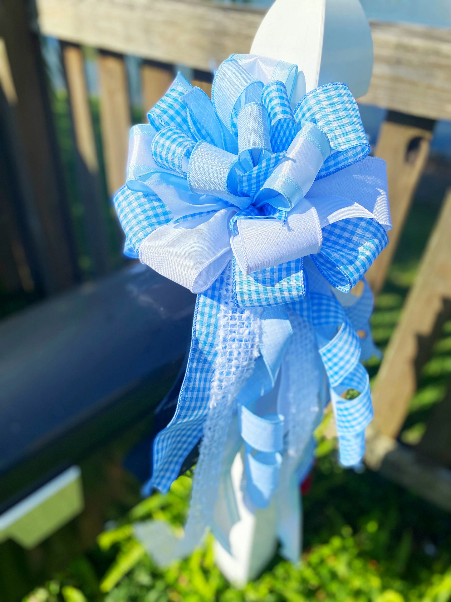 Baby Boy Bow in Blue & White Gingham Ribbon. Perfect for Mailbox, Door, and Wreath.