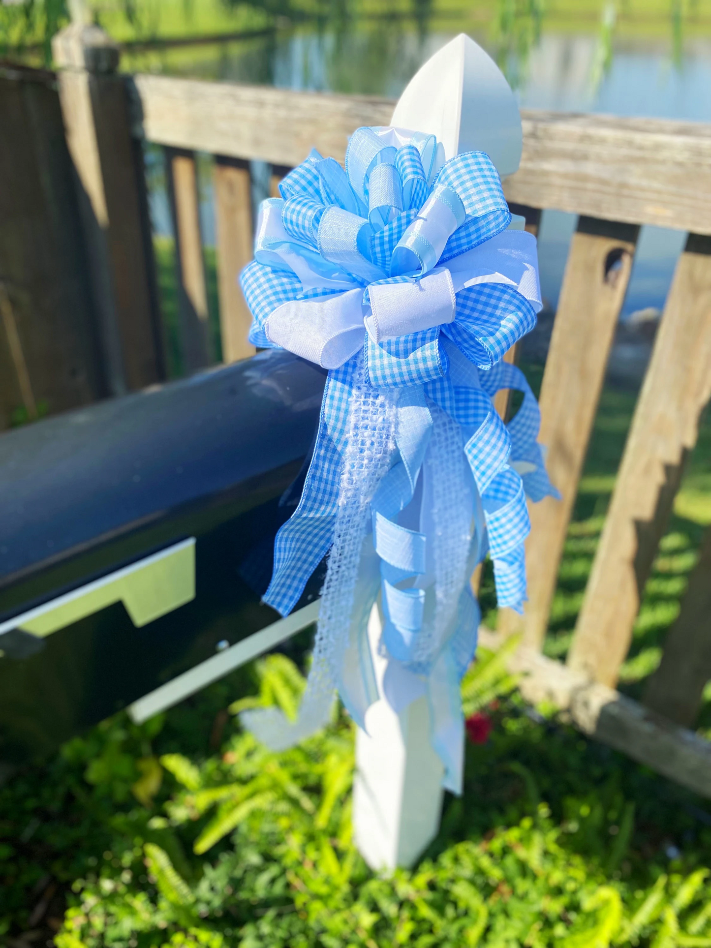 Baby Boy Bow in Blue & White Gingham Ribbon. Perfect for Mailbox, Door, and Wreath.