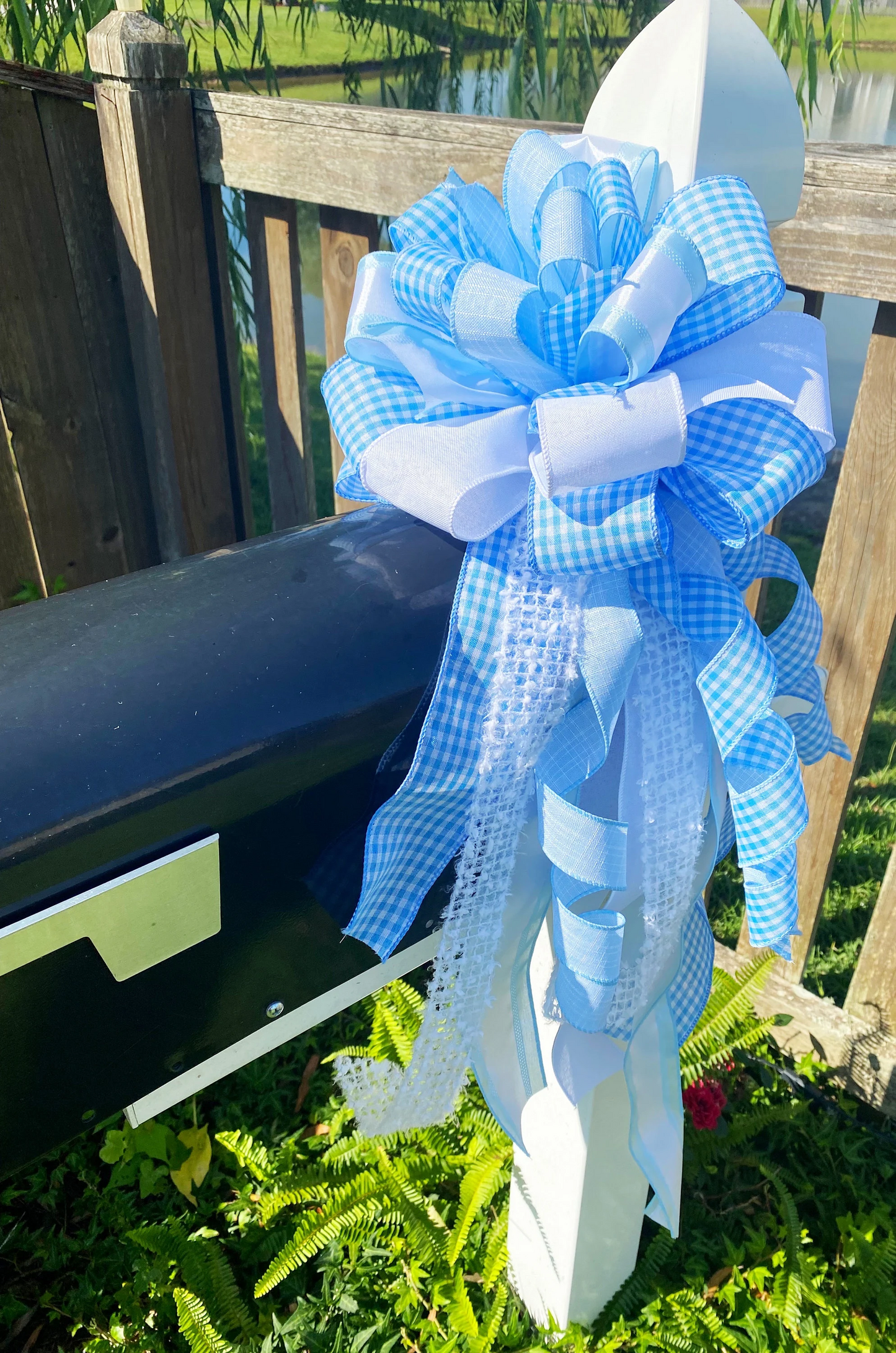 Baby Boy Bow in Blue & White Gingham Ribbon. Perfect for Mailbox, Door, and Wreath.