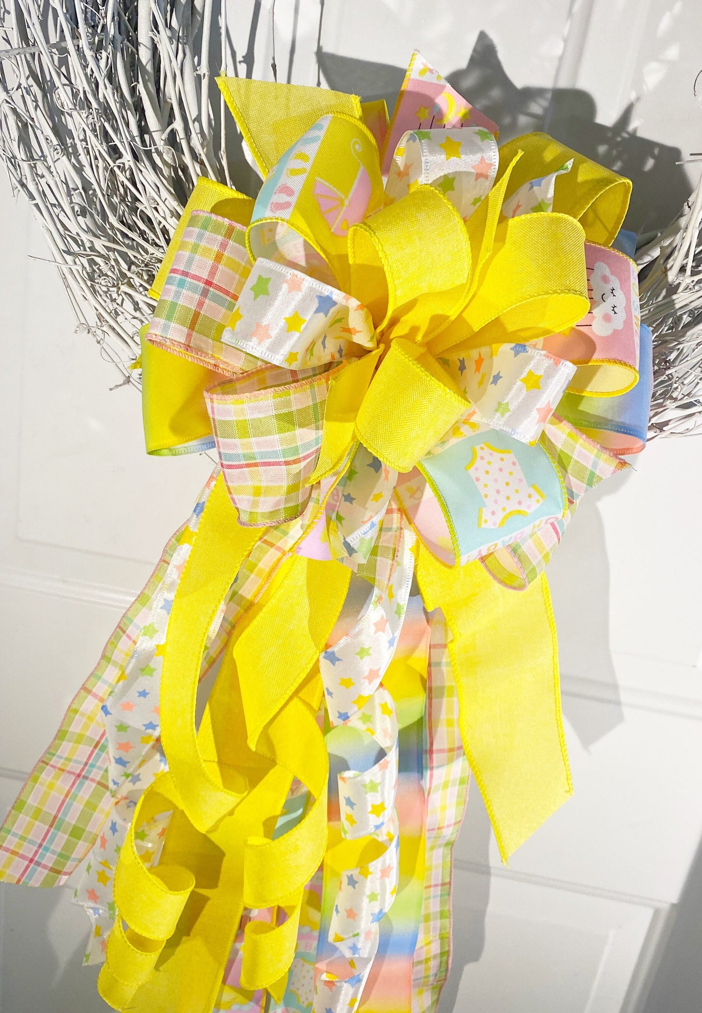 Gender Neutral Baby Bow in Yellow, Pink, and Blue. Perfect for Mailbox, Door, and Wreath.