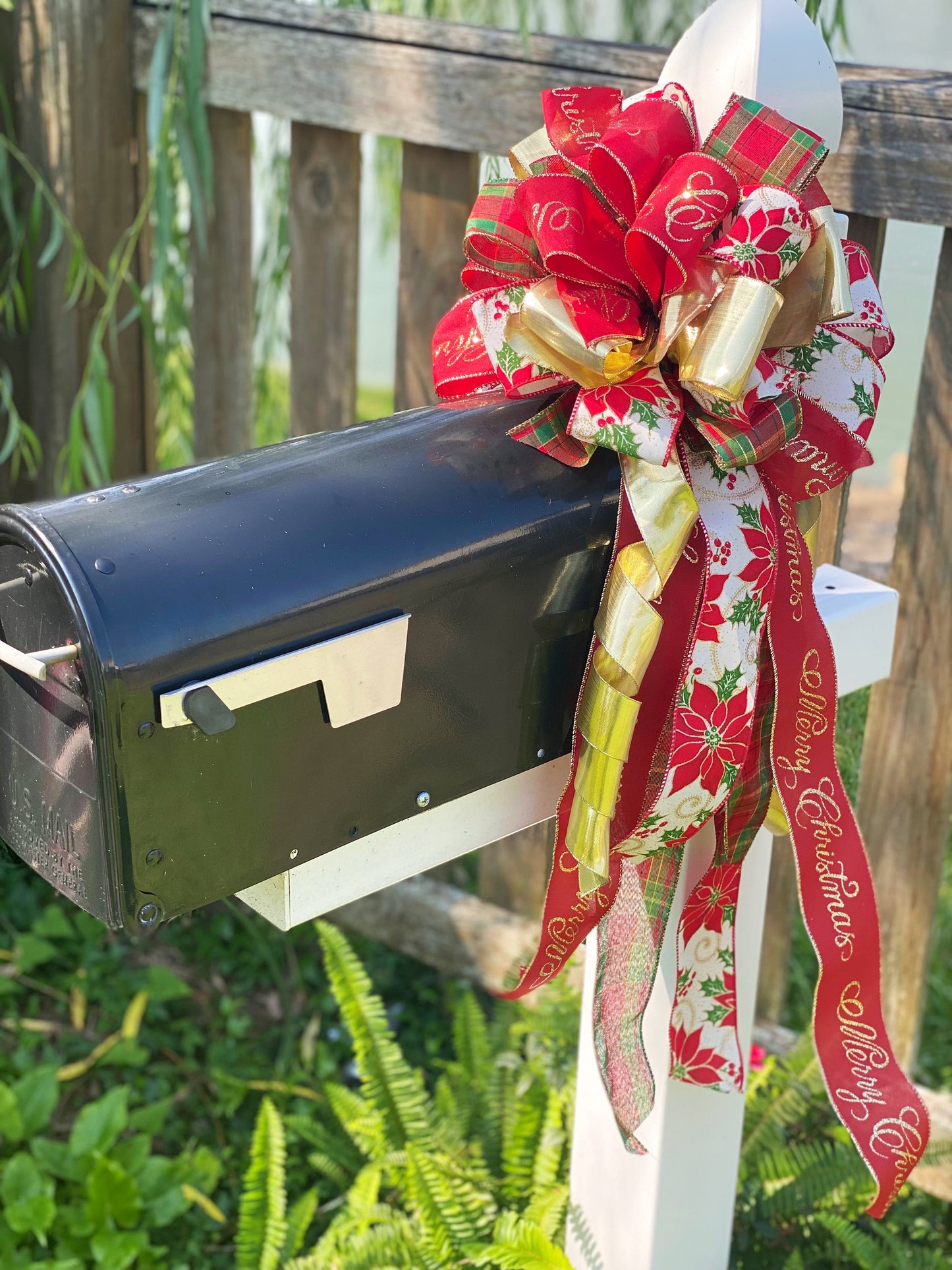 Christmas Bow in Red and Gold Featuring Gold, Red and Green Ribbon. Perfect for Mailbox, Door, or Wreath.