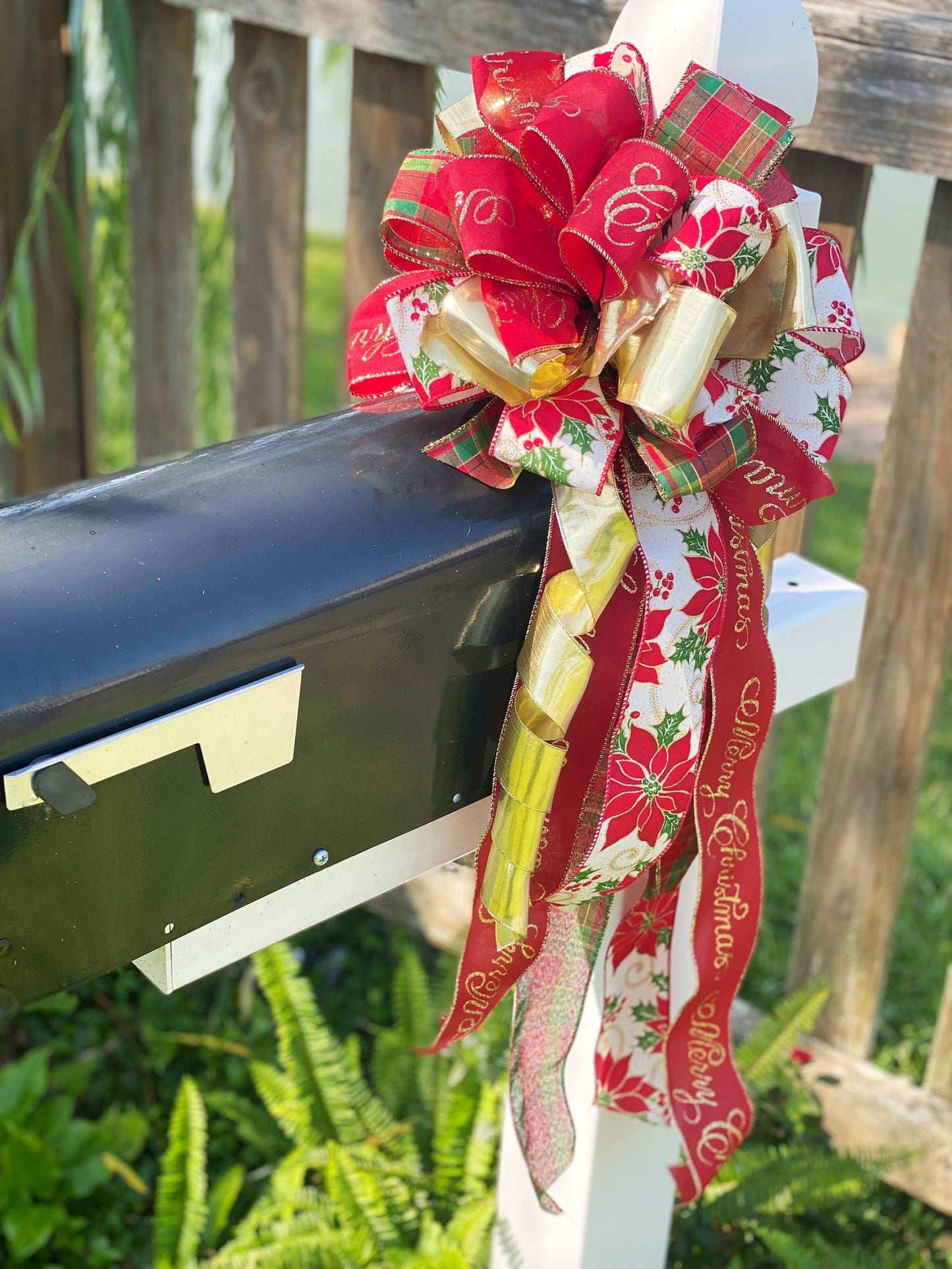 Christmas Bow in Red and Gold Featuring Gold, Red and Green Ribbon. Perfect for Mailbox, Door, or Wreath.