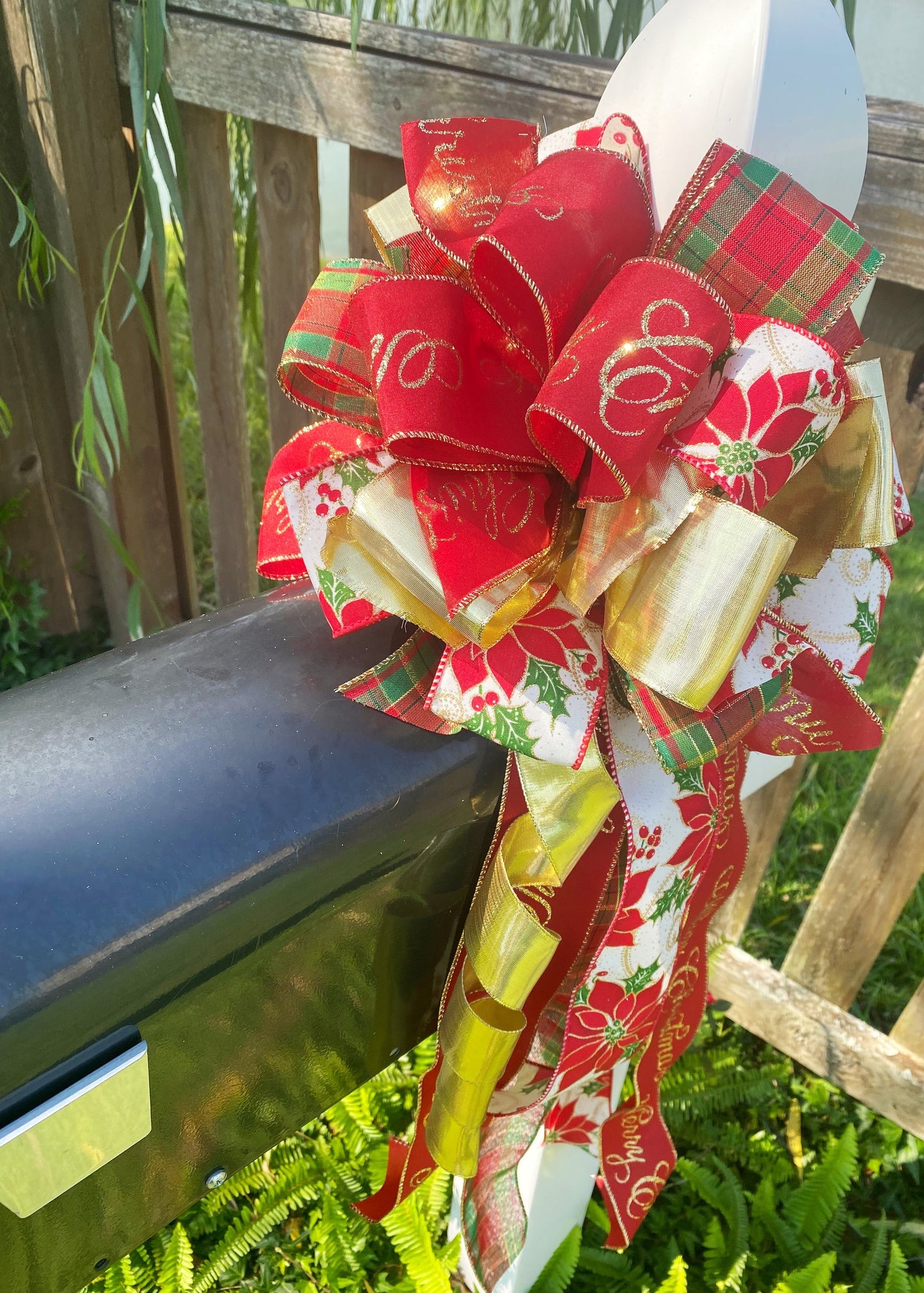 Christmas Bow in Red and Gold Featuring Gold, Red and Green Ribbon. Perfect for Mailbox, Door, or Wreath.