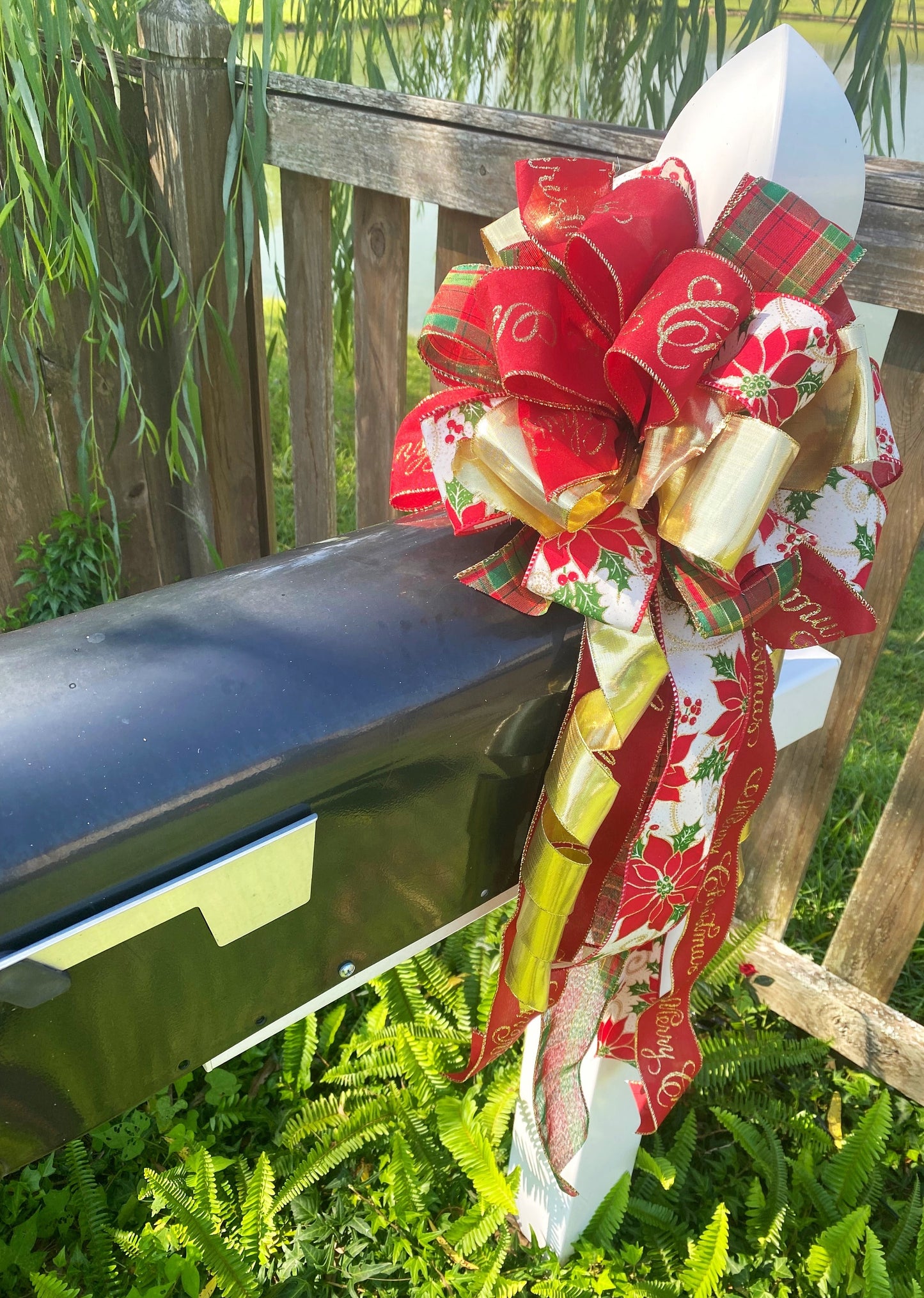 Christmas Bow in Red and Gold Featuring Gold, Red and Green Ribbon. Perfect for Mailbox, Door, or Wreath.