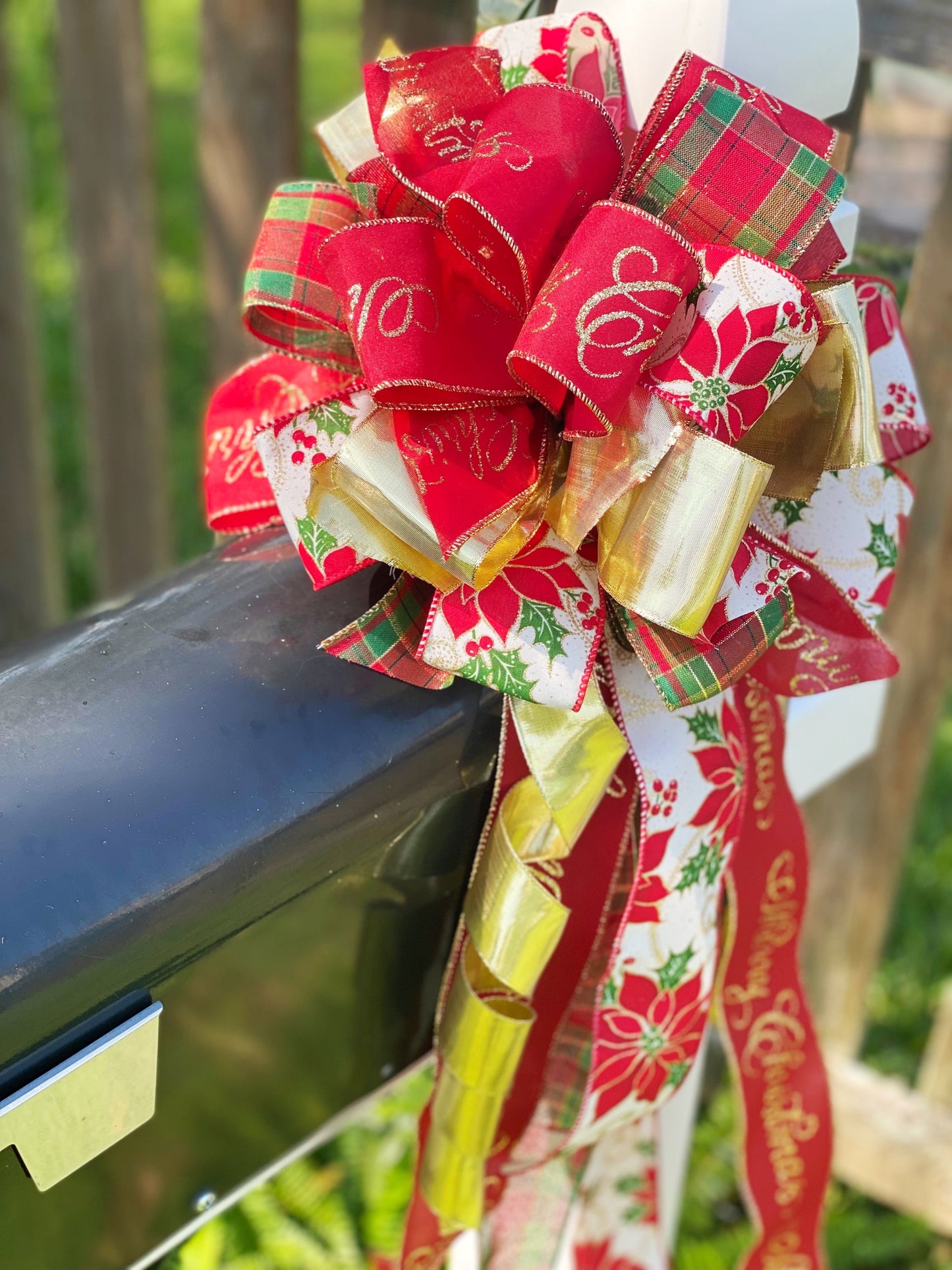 Christmas Bow in Red and Gold Featuring Gold, Red and Green Ribbon. Perfect for Mailbox, Door, or Wreath.