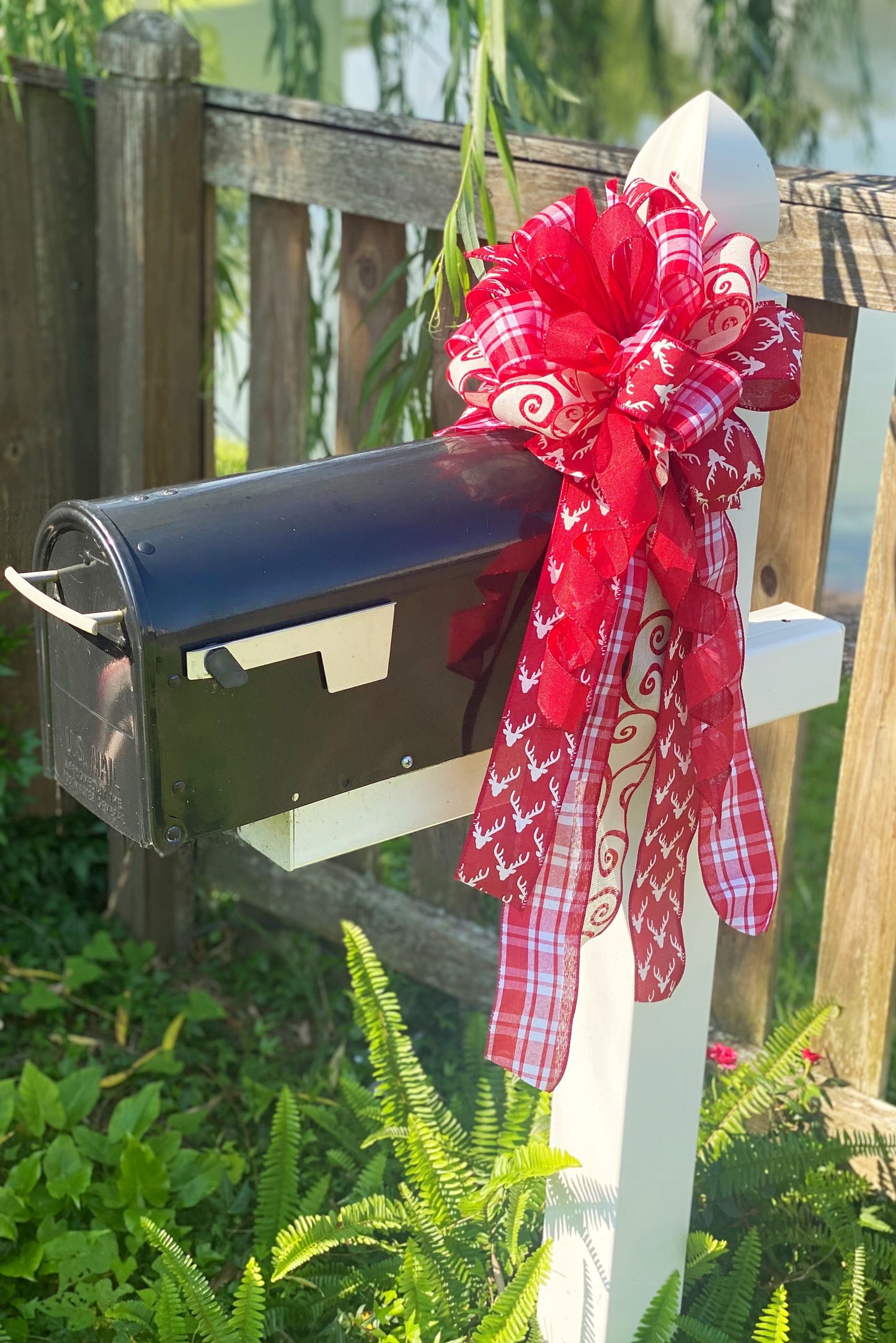 Christmas Bow in Red and White Featuring Reindeers. Perfect for Mailbox, Door, and Wreath.