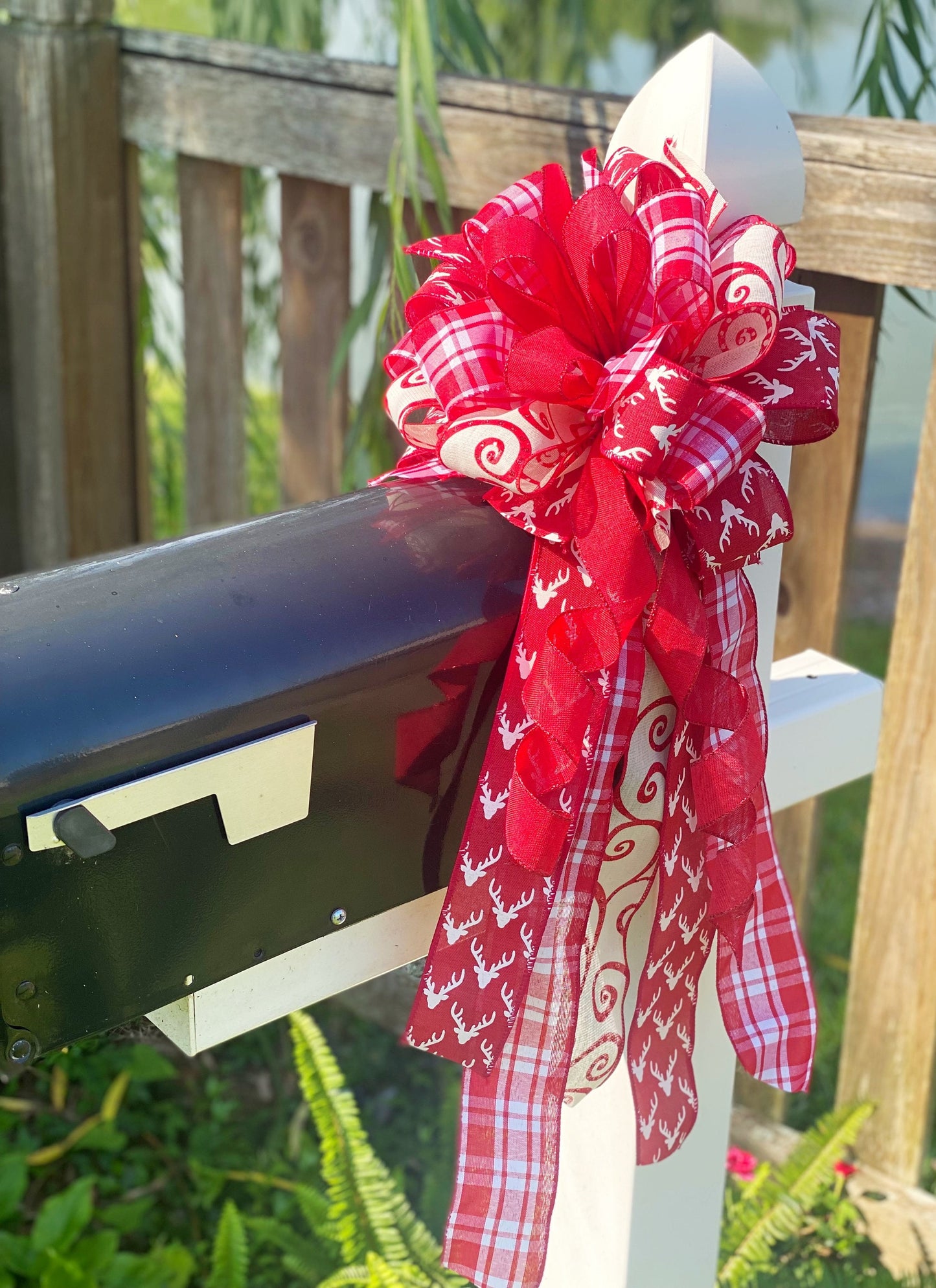 Christmas Bow in Red and White Featuring Reindeers. Perfect for Mailbox, Door, and Wreath.