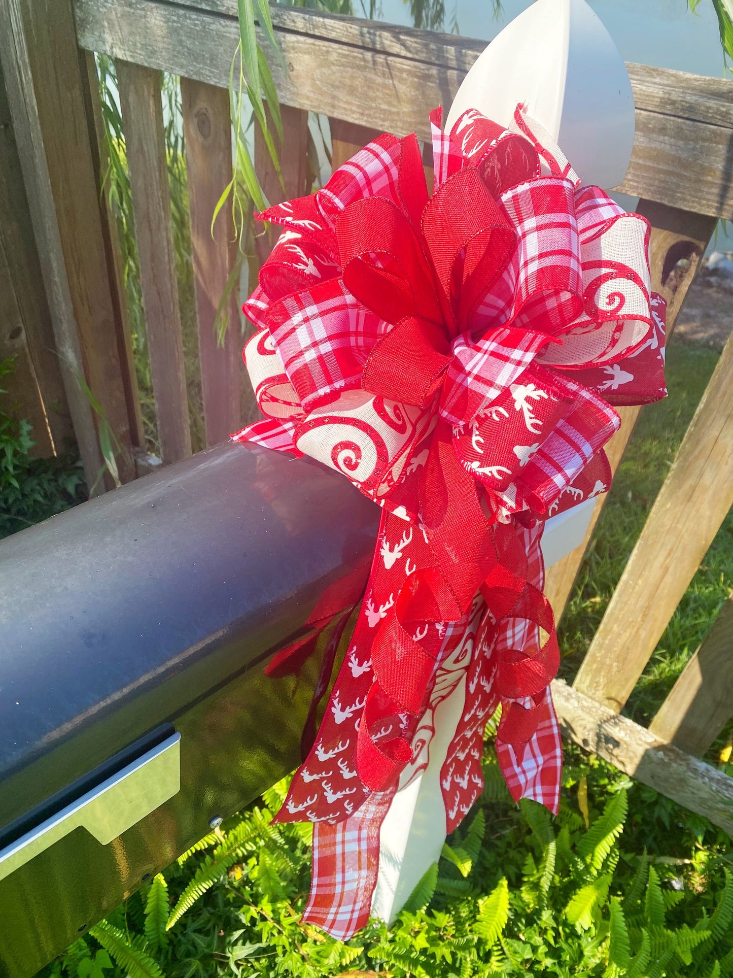 Christmas Bow in Red and White Featuring Reindeers. Perfect for Mailbox, Door, and Wreath.