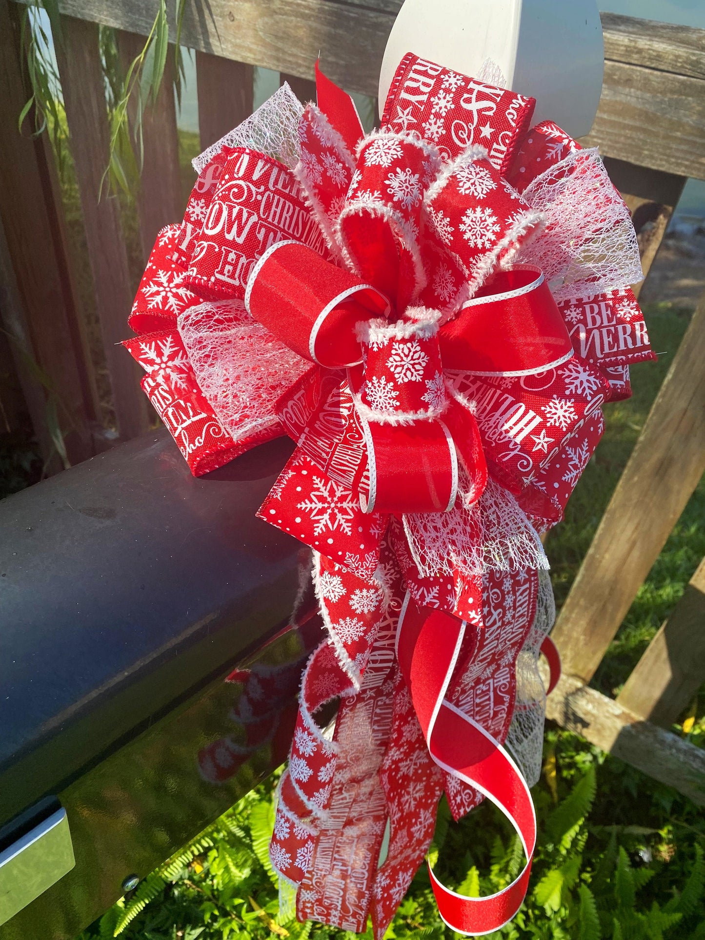 Christmas Bow in Red and White Featuring “Be Merry” and “Merry Christmas” Perfect for Mailbox, Door, and Wreath.