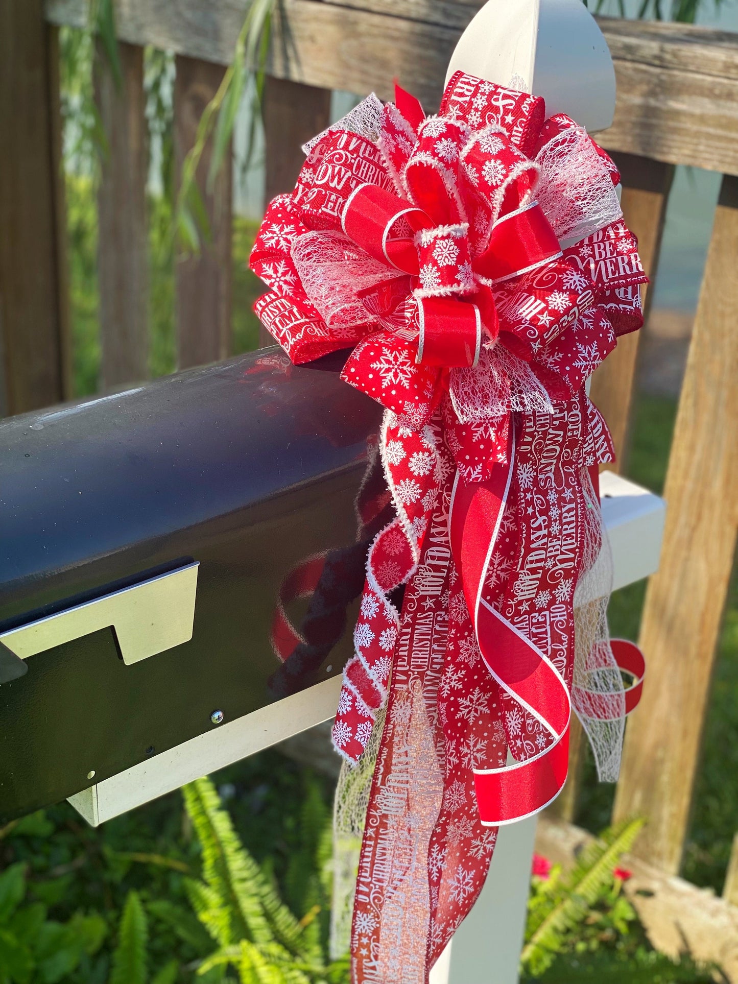 Christmas Bow in Red and White Featuring “Be Merry” and “Merry Christmas” Perfect for Mailbox, Door, and Wreath.