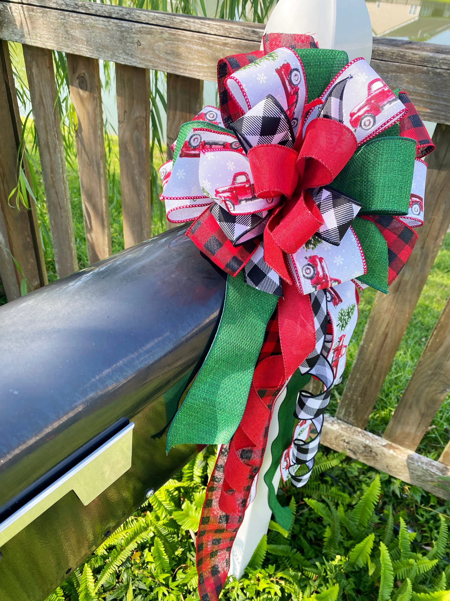 Christmas Bow in Red, Green, and White Featuring Trucks and Christmas trees. Perfect for Mailbox, Door, and Wreath