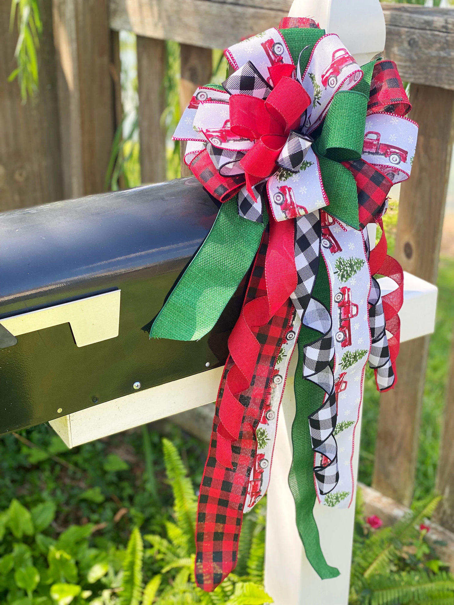 Christmas Bow in Red, Green, and White Featuring Trucks and Christmas trees. Perfect for Mailbox, Door, and Wreath