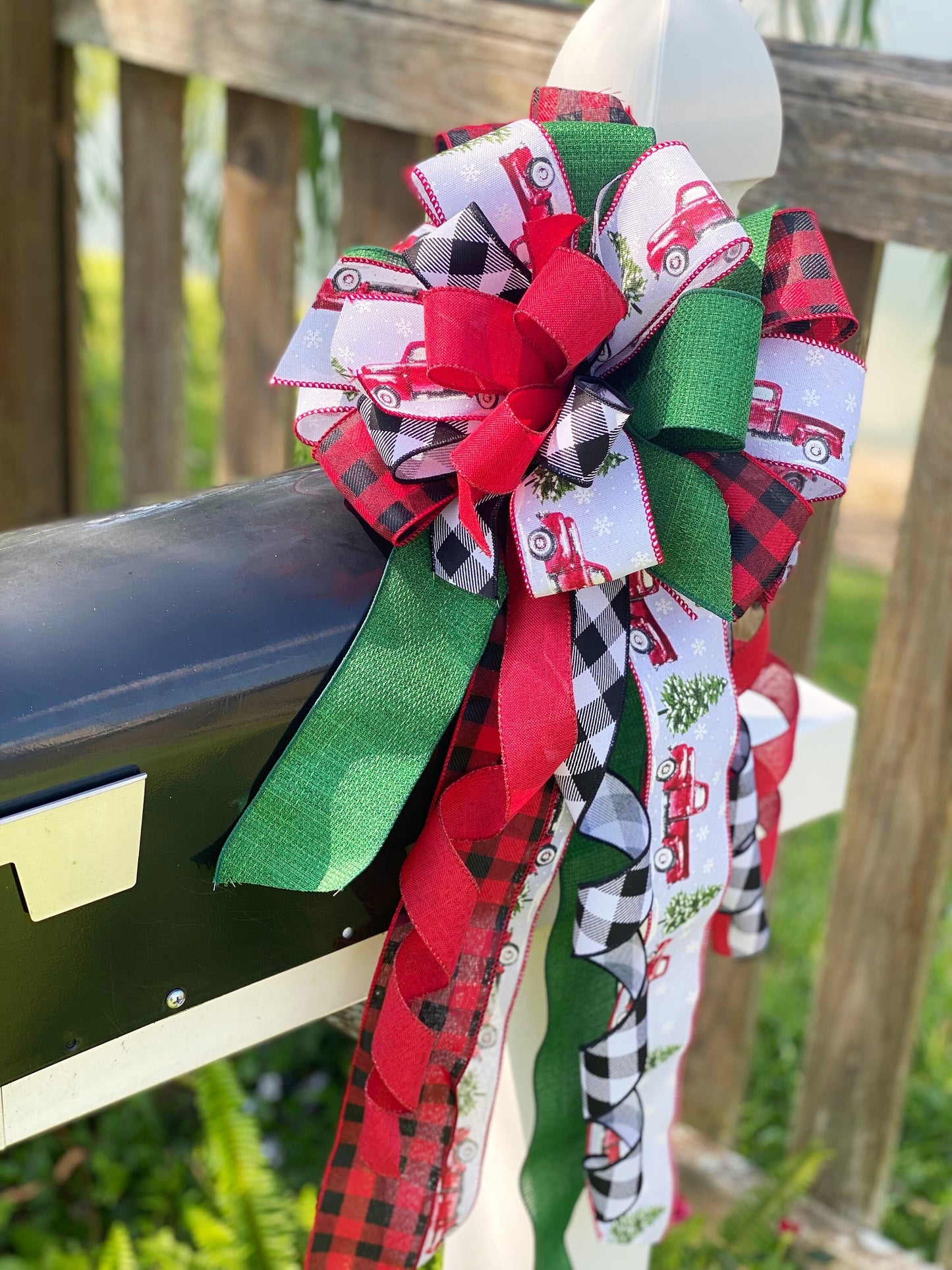 Christmas Bow in Red, Green, and White Featuring Trucks and Christmas trees. Perfect for Mailbox, Door, and Wreath