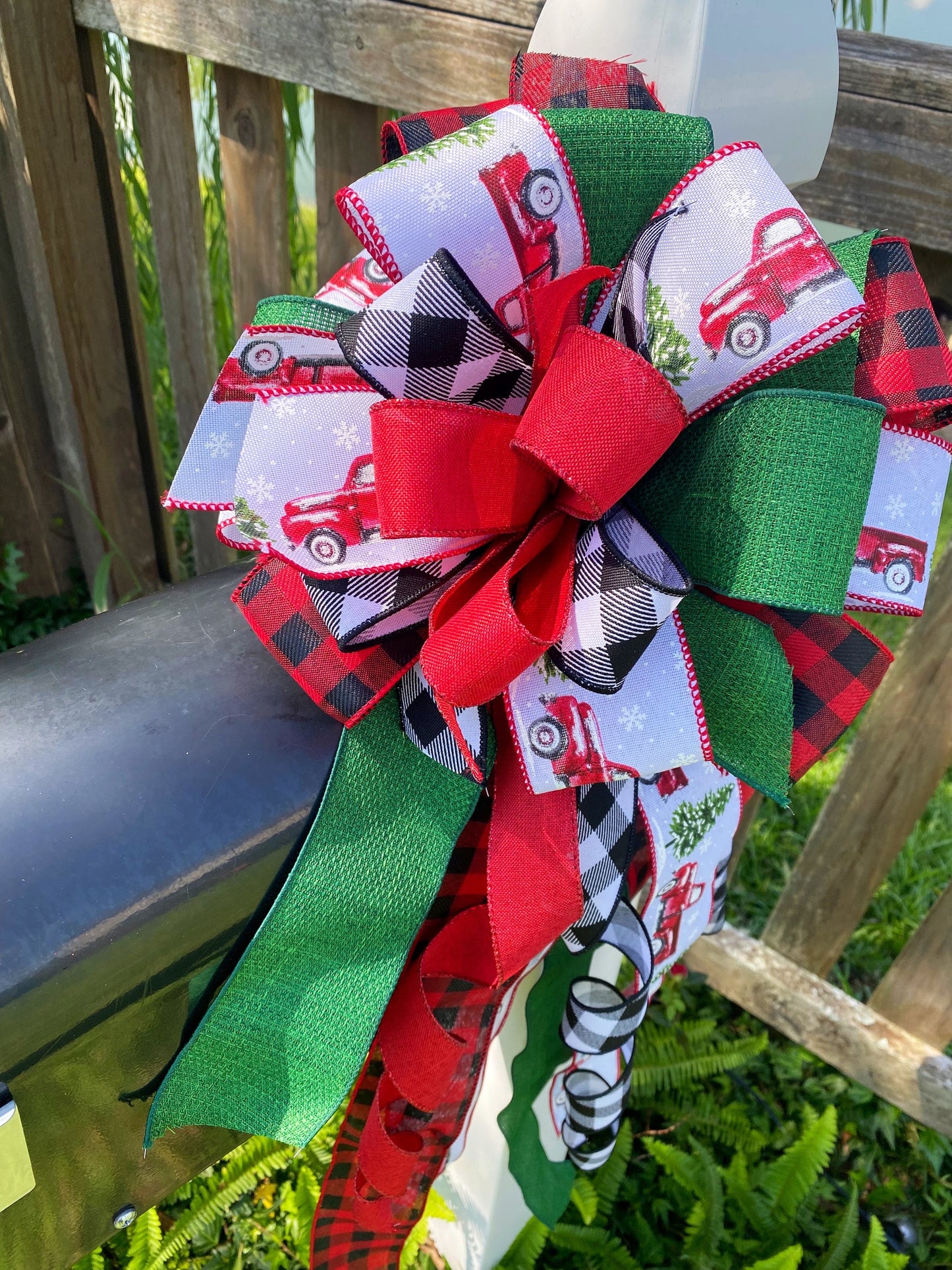 Christmas Bow in Red, Green, and White Featuring Trucks and Christmas trees. Perfect for Mailbox, Door, and Wreath