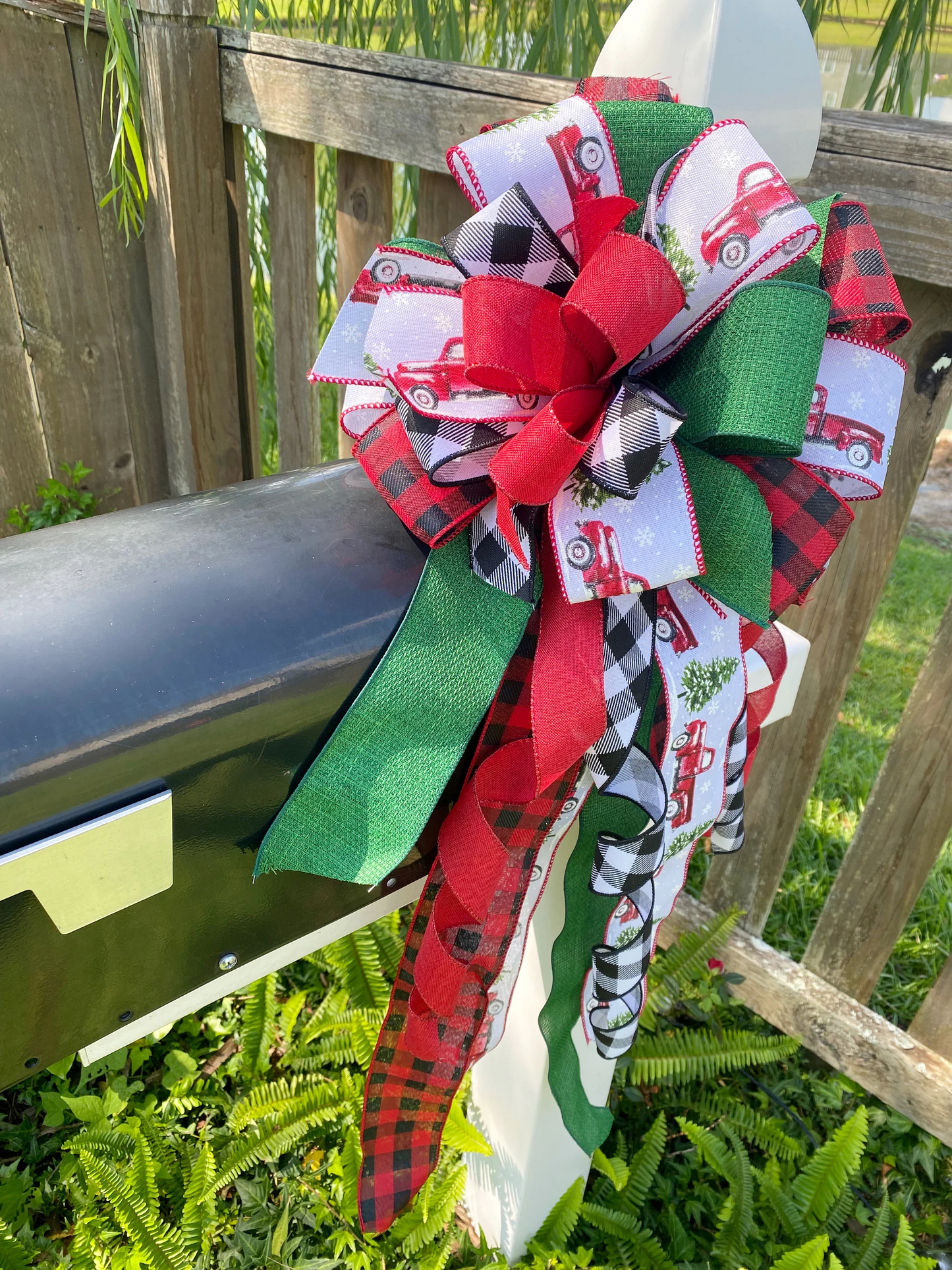 Christmas Bow in Red, Green, and White Featuring Trucks and Christmas trees. Perfect for Mailbox, Door, and Wreath