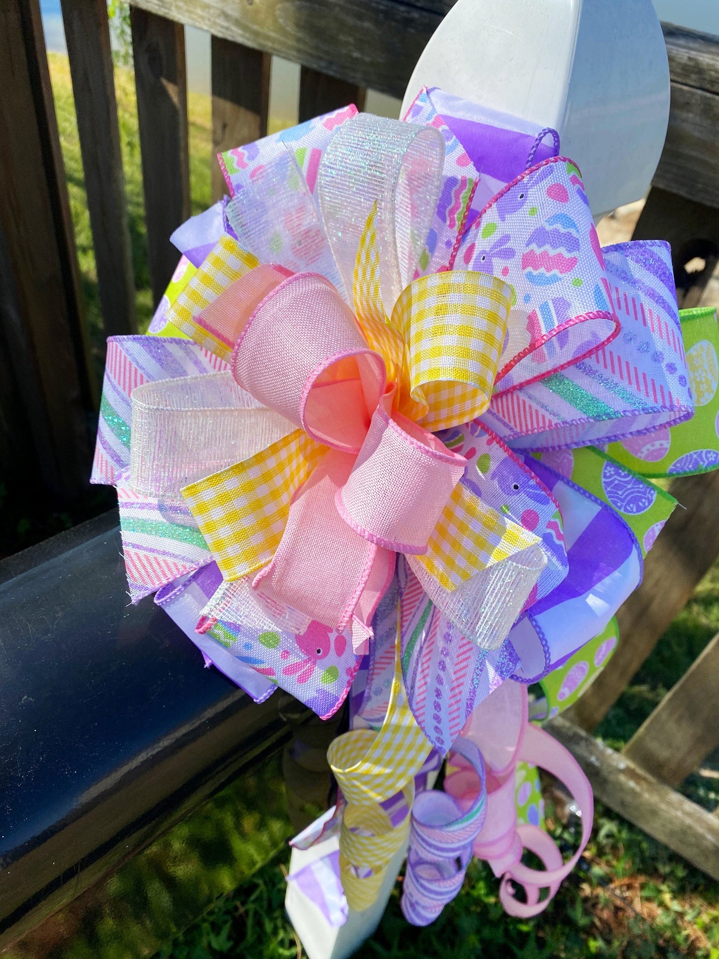 Pastel Easter Bow Featuring Easter Eggs & Bunnies. Perfect for Mailbox, Door, and Wreath.