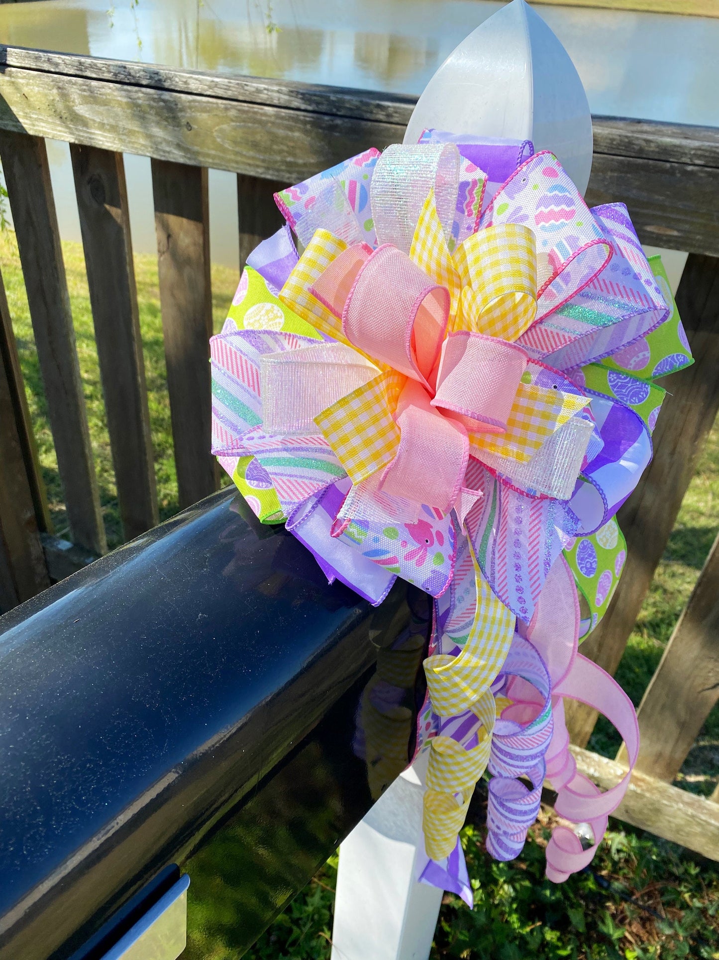 Pastel Easter Bow Featuring Easter Eggs & Bunnies. Perfect for Mailbox, Door, and Wreath.