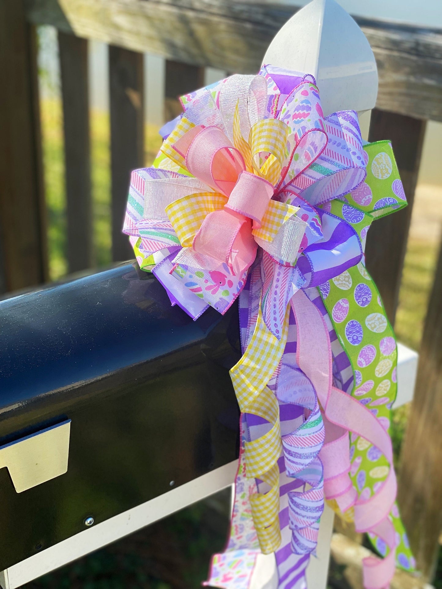 Pastel Easter Bow Featuring Easter Eggs & Bunnies. Perfect for Mailbox, Door, and Wreath.