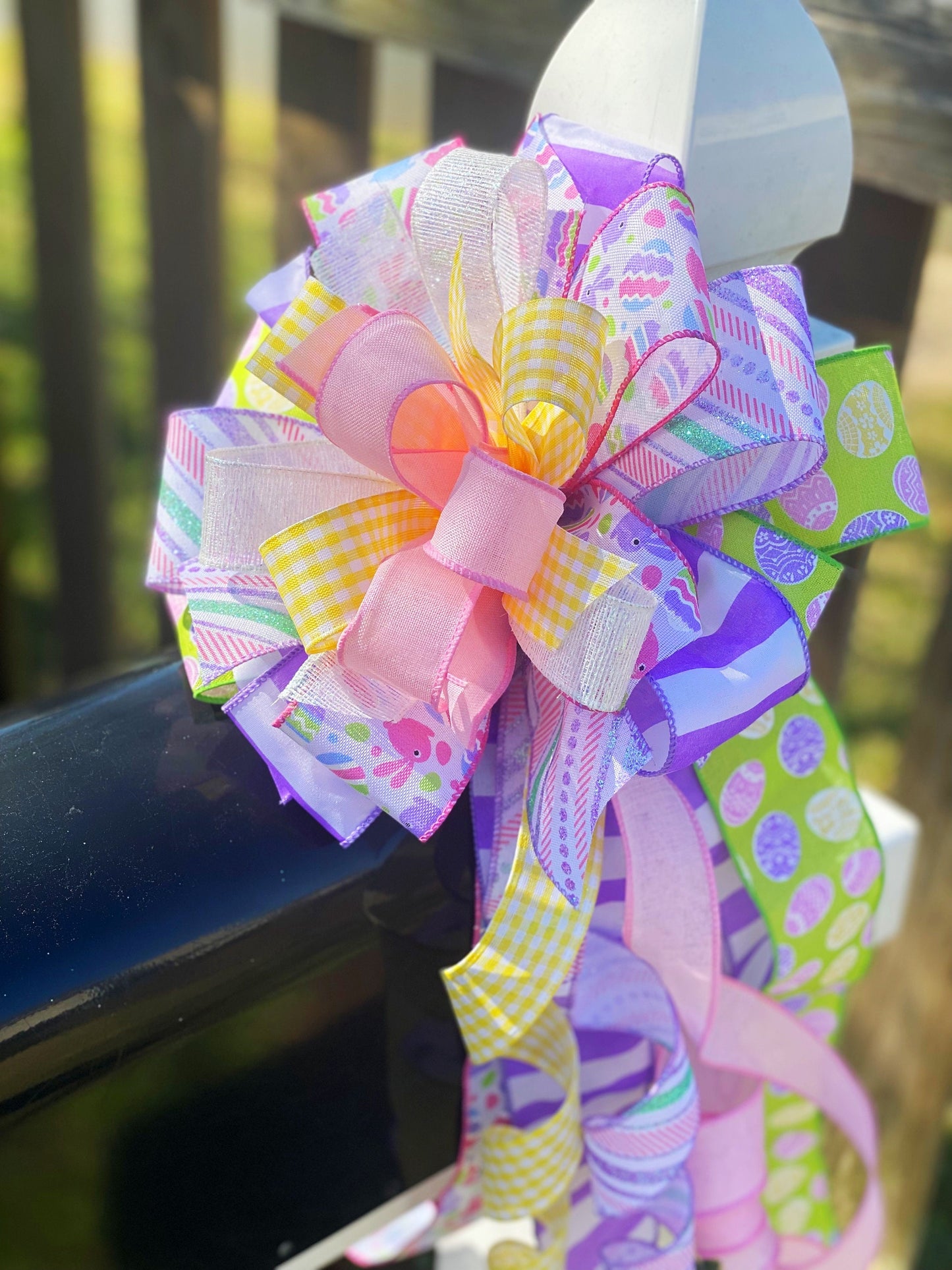 Pastel Easter Bow Featuring Easter Eggs & Bunnies. Perfect for Mailbox, Door, and Wreath.