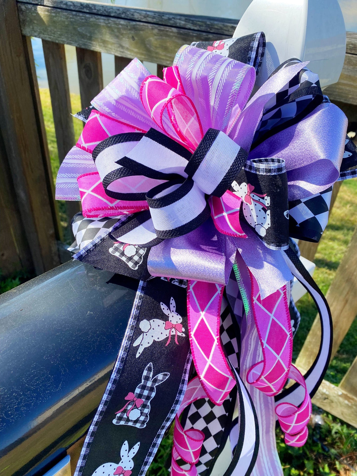 Easter Bow in Pink, Black, & Lavender Featuring Bunnies. Perfect for Mailbox, Door, and Wreath.