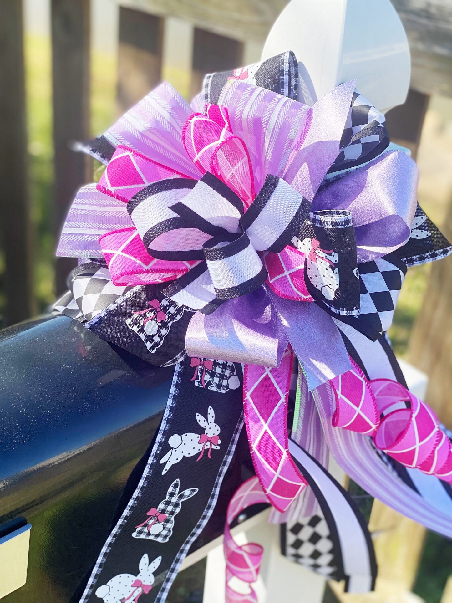 Easter Bow in Pink, Black, & Lavender Featuring Bunnies. Perfect for Mailbox, Door, and Wreath.