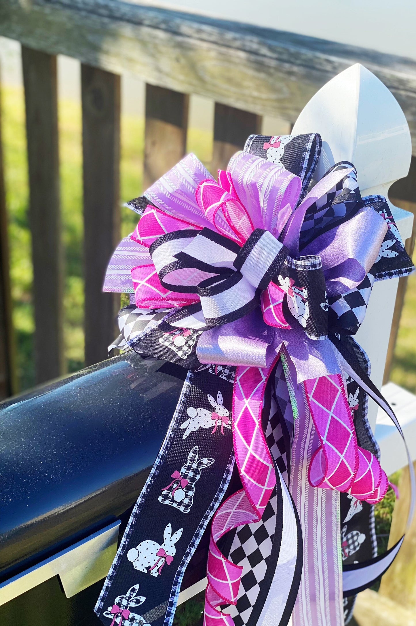 Easter Bow in Pink, Black, & Lavender Featuring Bunnies. Perfect for Mailbox, Door, and Wreath.