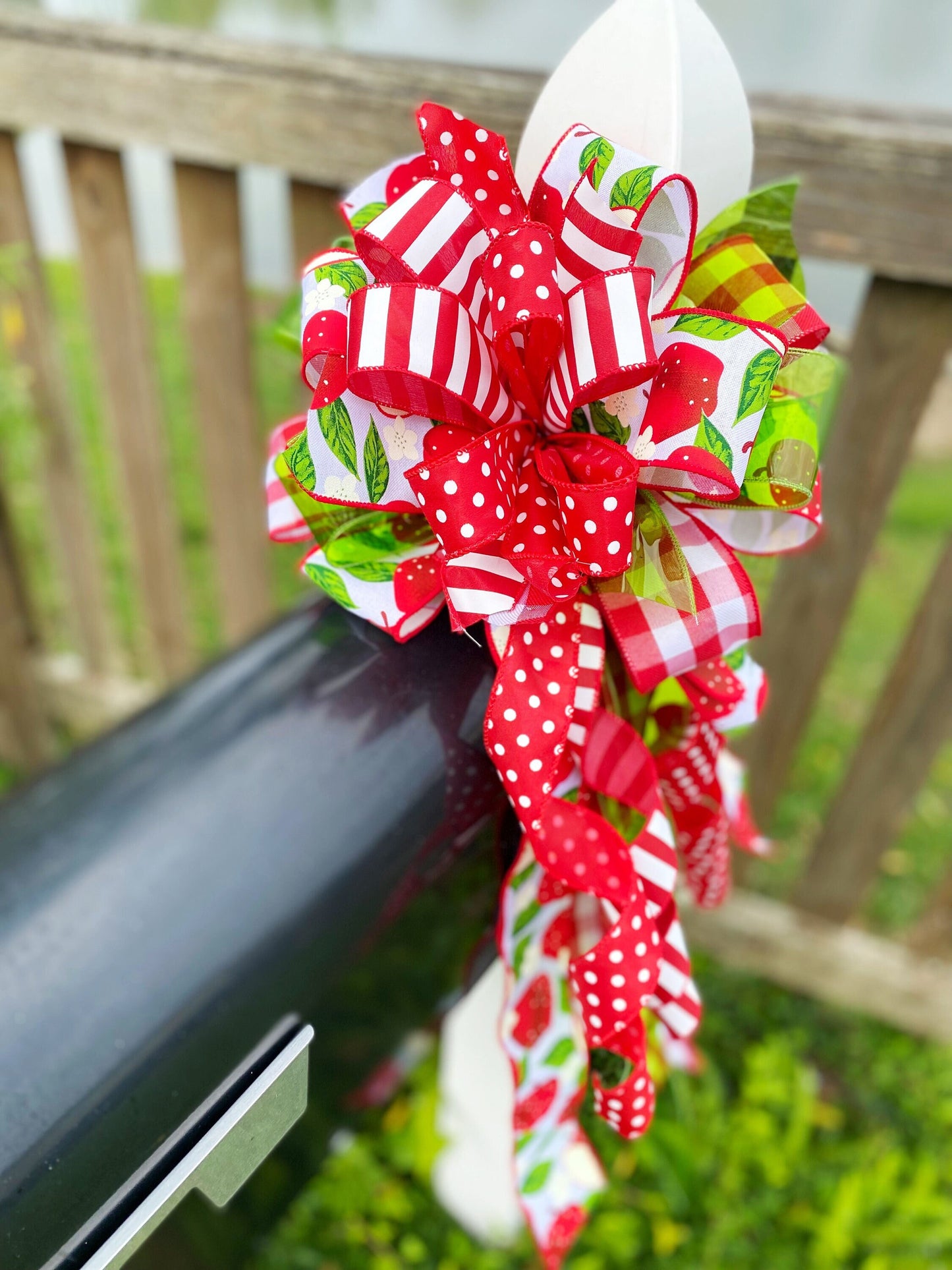 Apple Bow in Green, Red, & White Multi-pattern. Perfect for Mailbox, Door, and Wreath.