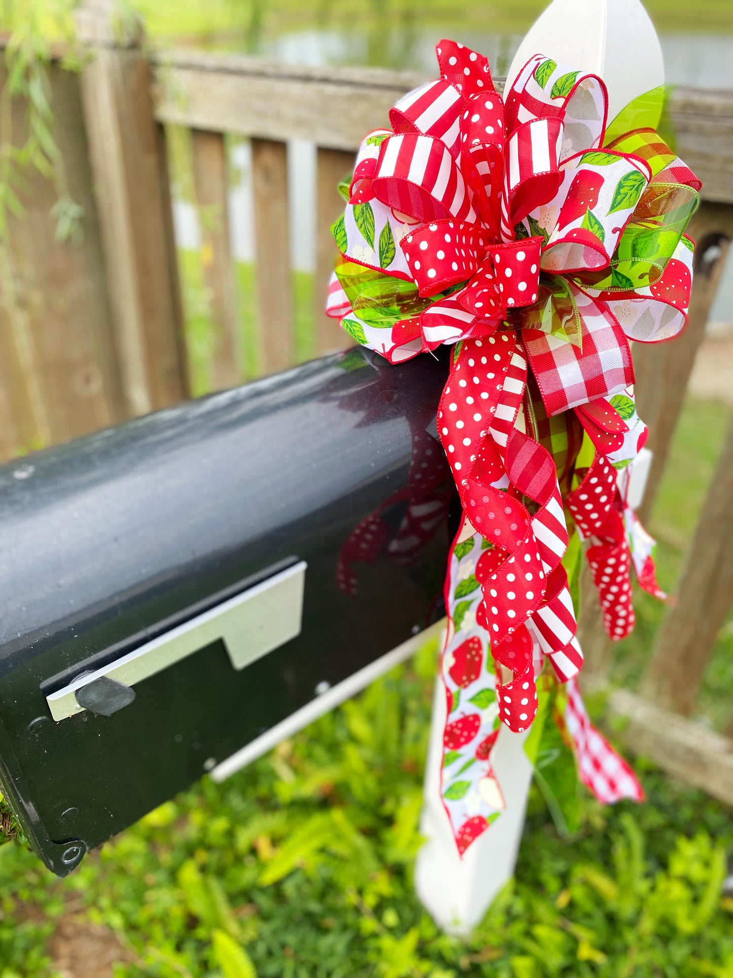 Apple Bow in Green, Red, & White Multi-pattern. Perfect for Mailbox, Door, and Wreath.