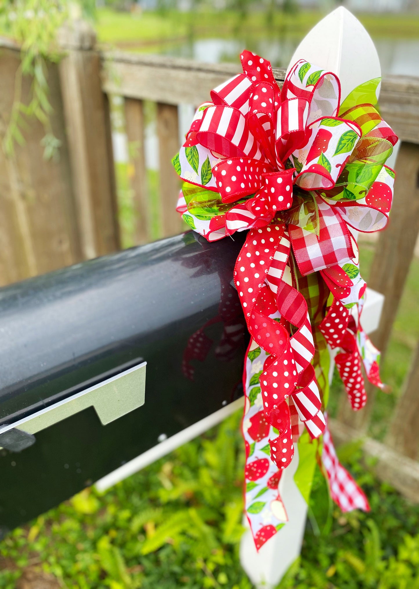 Apple Bow in Green, Red, & White Multi-pattern. Perfect for Mailbox, Door, and Wreath.