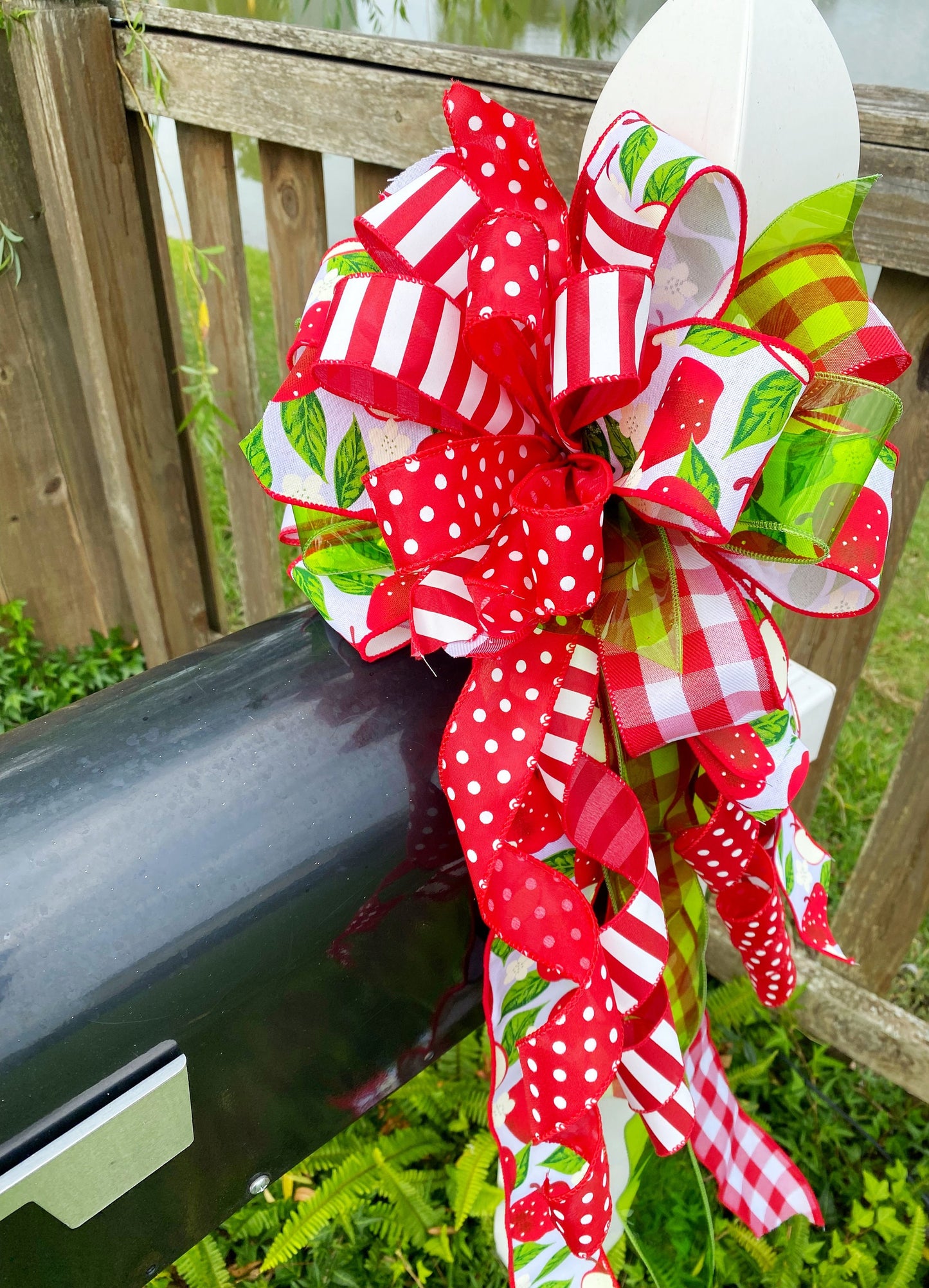 Apple Bow in Green, Red, & White Multi-pattern. Perfect for Mailbox, Door, and Wreath.