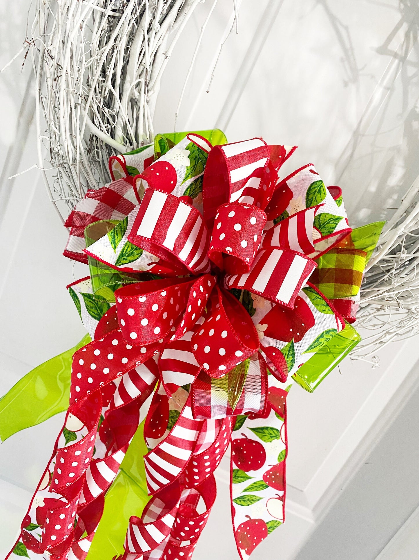 Apple Bow in Green, Red, & White Multi-pattern. Perfect for Mailbox, Door, and Wreath.