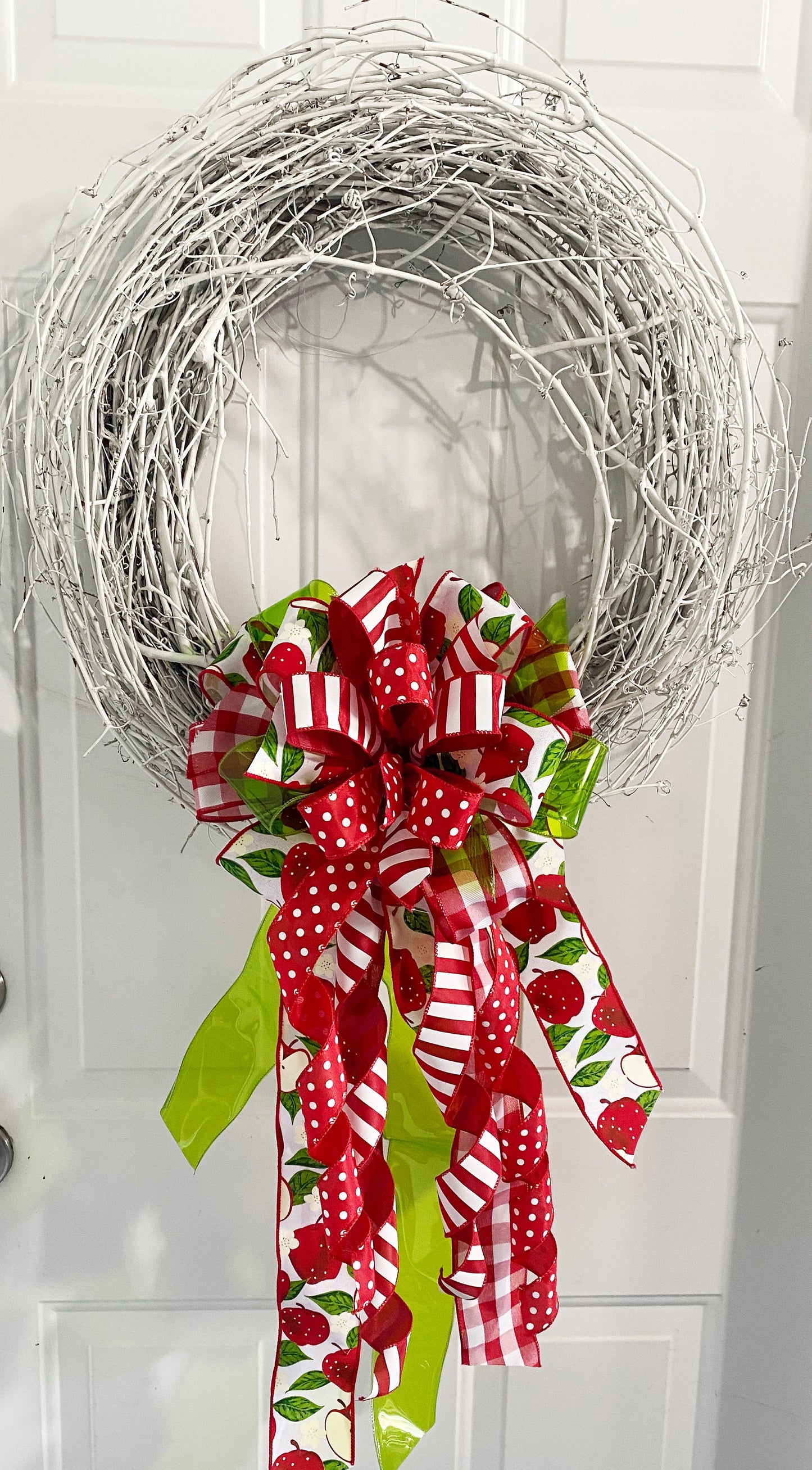 Apple Bow in Green, Red, & White Multi-pattern. Perfect for Mailbox, Door, and Wreath.