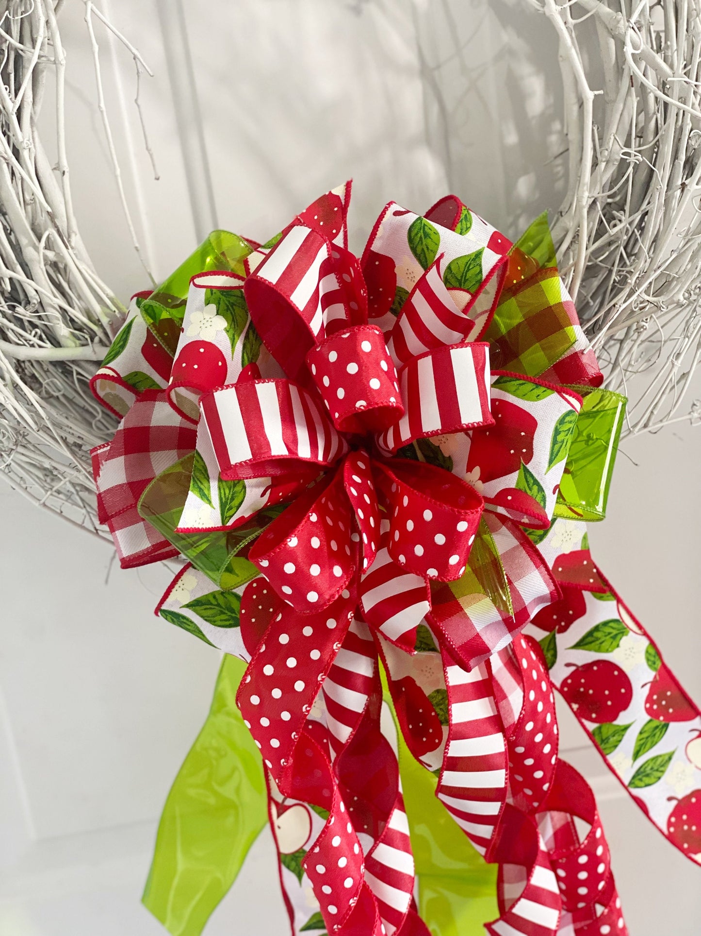 Apple Bow in Green, Red, & White Multi-pattern. Perfect for Mailbox, Door, and Wreath.