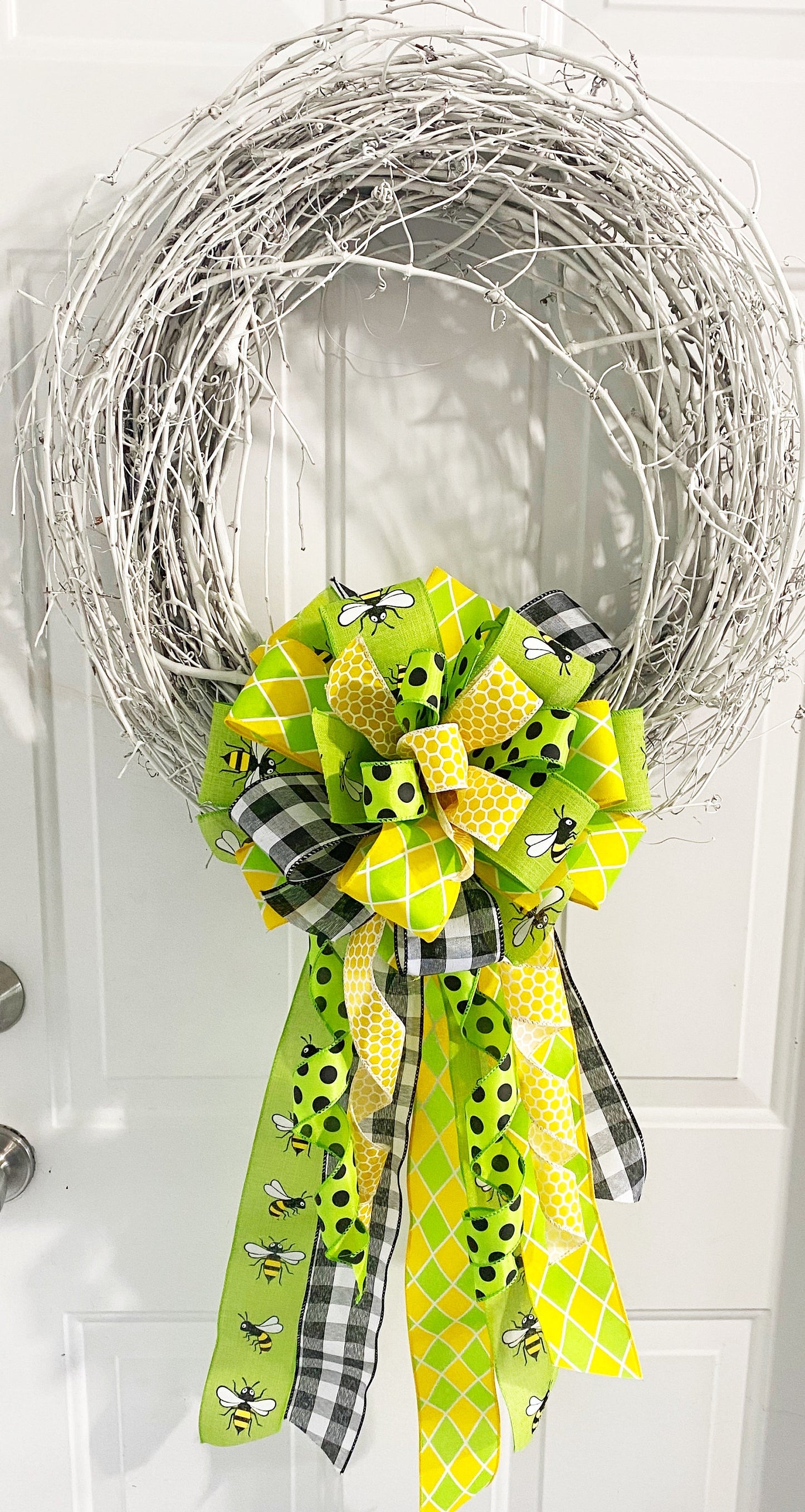 Spring Bow in Yellow, Black Polka Dot, and Green Ribbons Featuring Multiple Patterns. Perfect for Mailbox, Door, and Wreath.