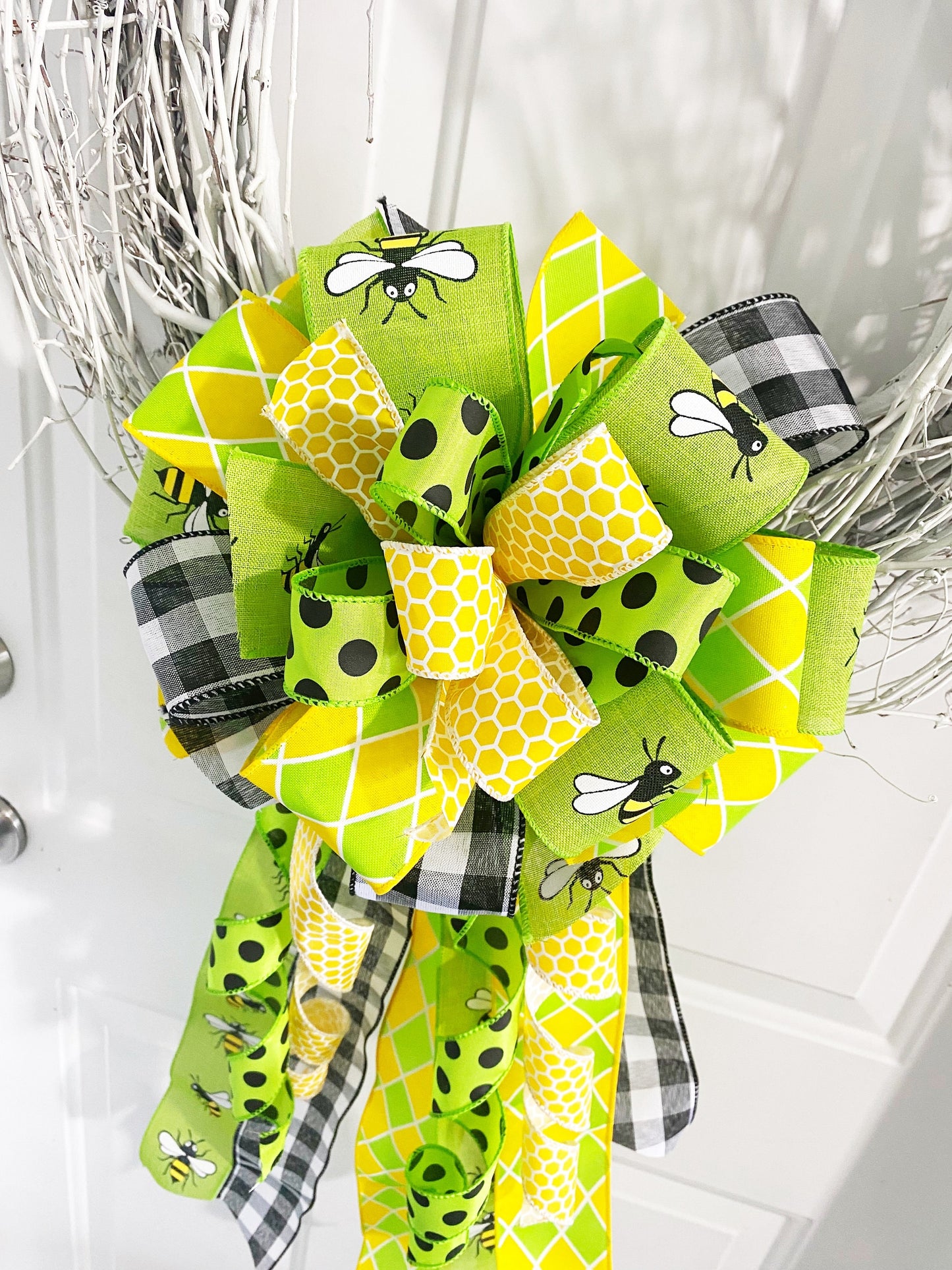 Spring Bow in Yellow, Black Polka Dot, and Green Ribbons Featuring Multiple Patterns. Perfect for Mailbox, Door, and Wreath.