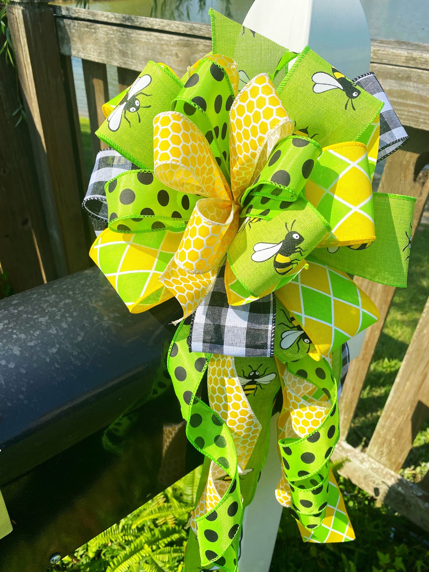 Spring Bow in Yellow, Black Polka Dot, and Green Ribbons Featuring Multiple Patterns. Perfect for Mailbox, Door, and Wreath.