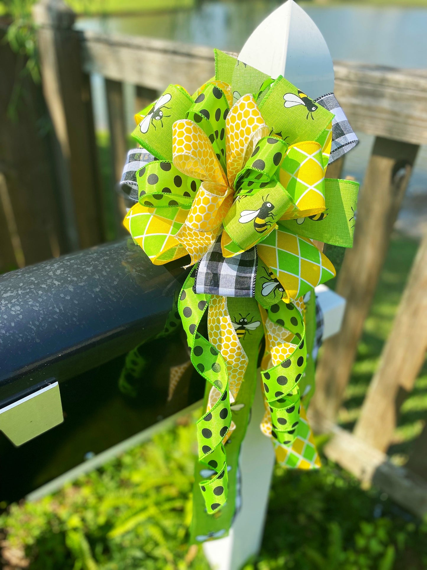 Spring Bow in Yellow, Black Polka Dot, and Green Ribbons Featuring Multiple Patterns. Perfect for Mailbox, Door, and Wreath.