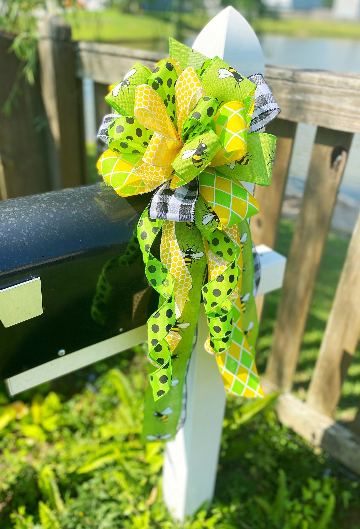 Spring Bow in Yellow, Black Polka Dot, and Green Ribbons Featuring Multiple Patterns. Perfect for Mailbox, Door, and Wreath.