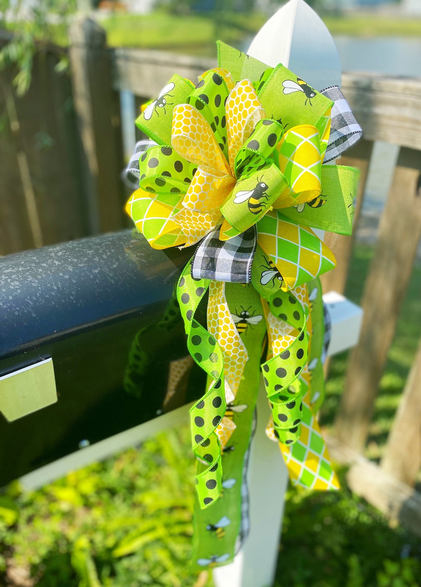 Spring Bow in Yellow, Black Polka Dot, and Green Ribbons Featuring Multiple Patterns. Perfect for Mailbox, Door, and Wreath.