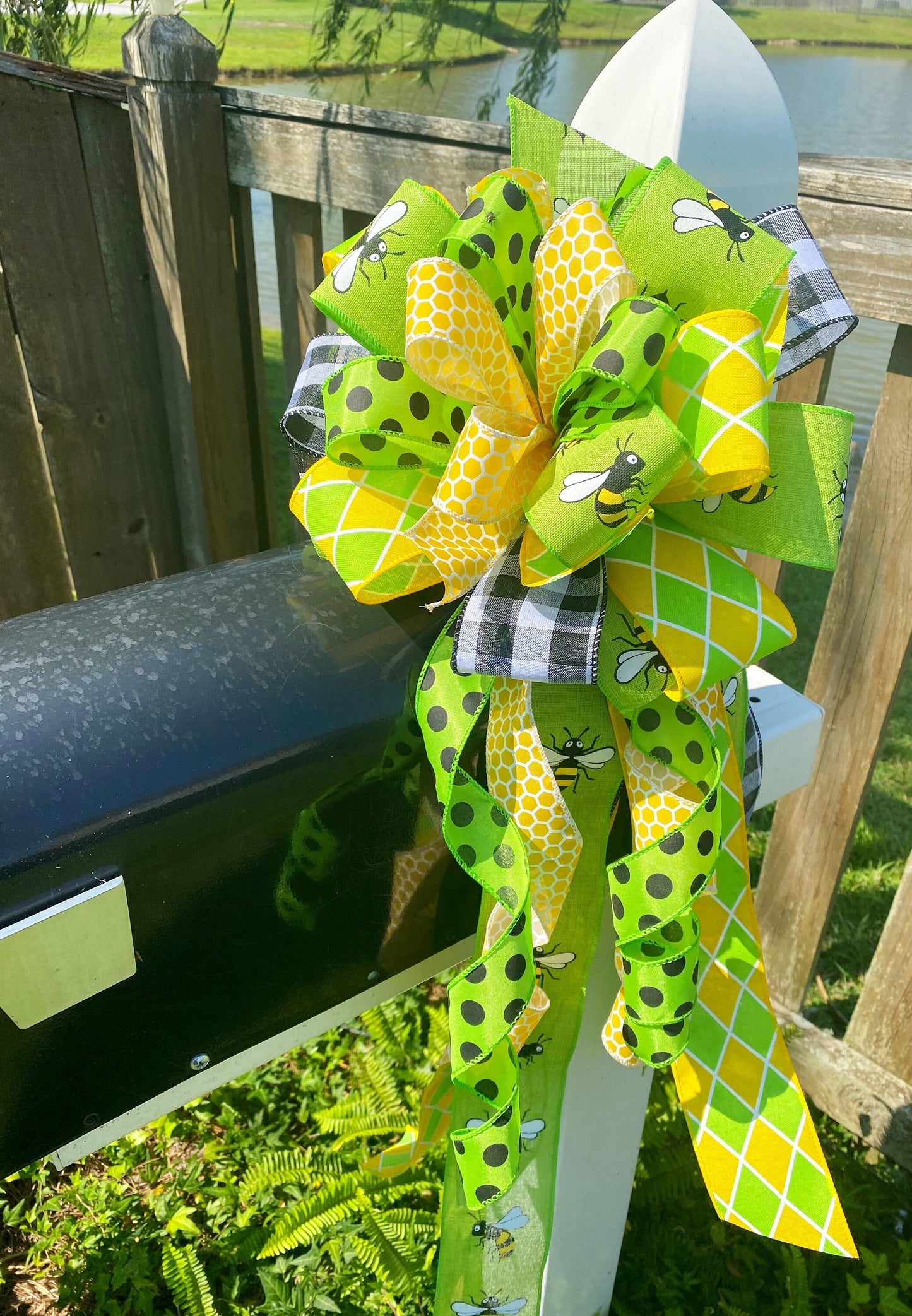 Spring Bow in Yellow, Black Polka Dot, and Green Ribbons Featuring Multiple Patterns. Perfect for Mailbox, Door, and Wreath.