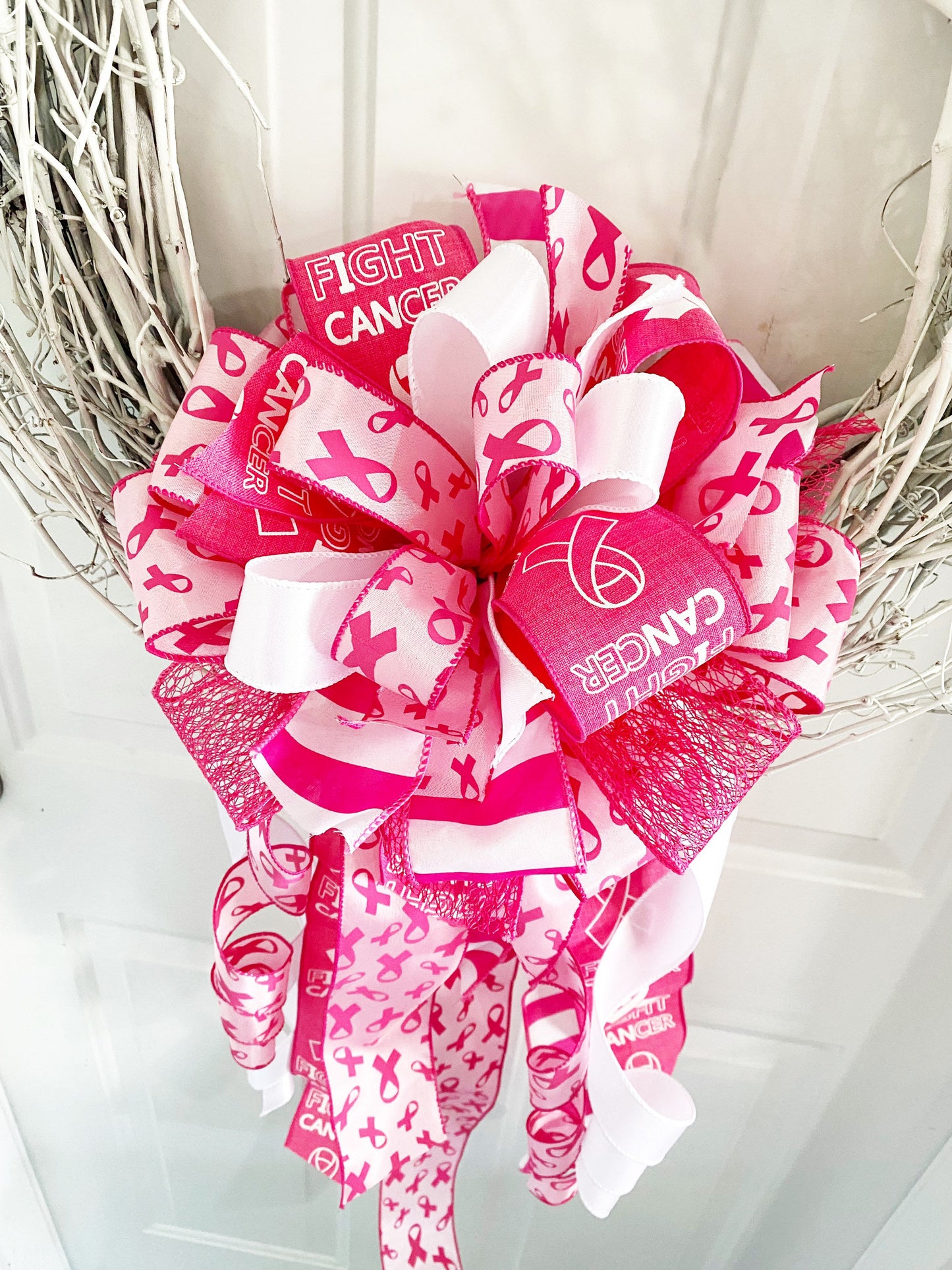 Breast Cancer Awareness Bow in Shades of Pink. Perfect for Mailbox, Door, and Wreath.