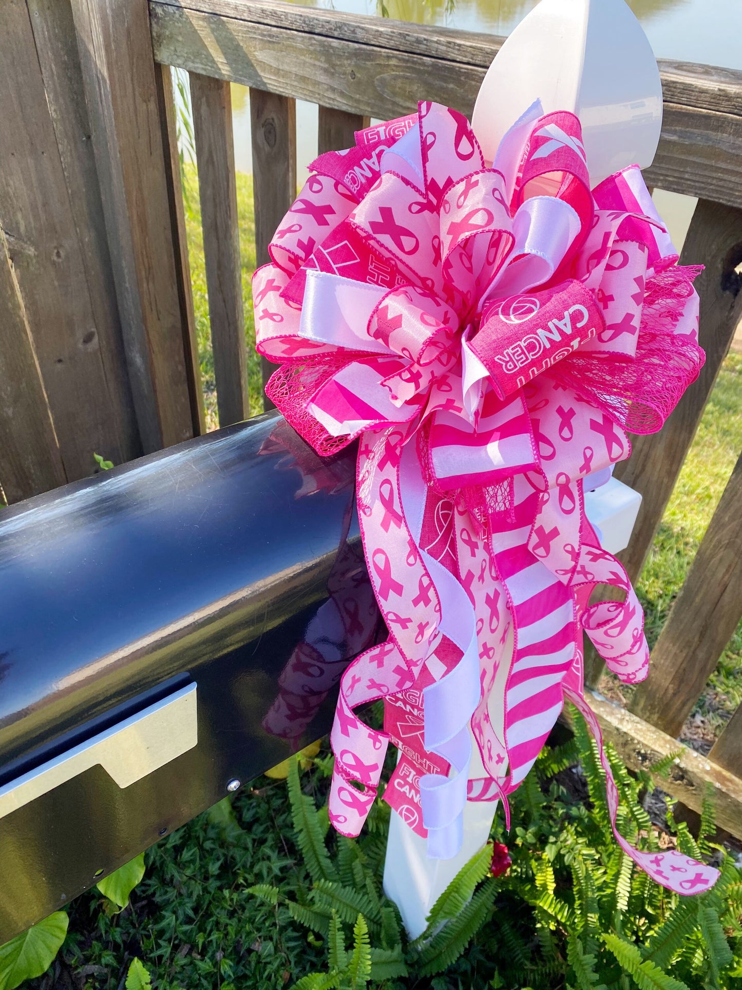 Breast Cancer Awareness Bow in Shades of Pink. Perfect for Mailbox, Door, and Wreath.