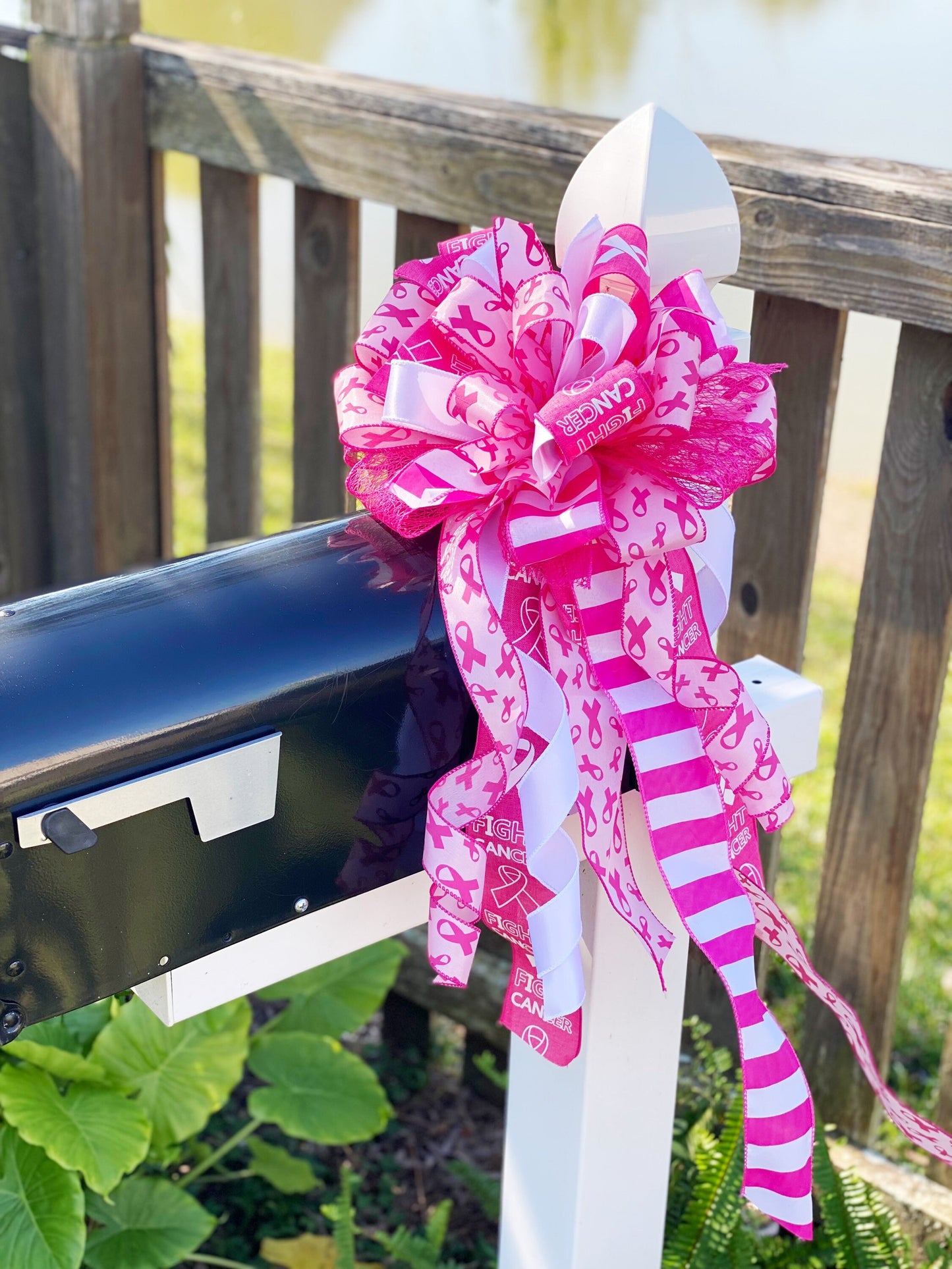 Breast Cancer Awareness Bow in Shades of Pink. Perfect for Mailbox, Door, and Wreath.