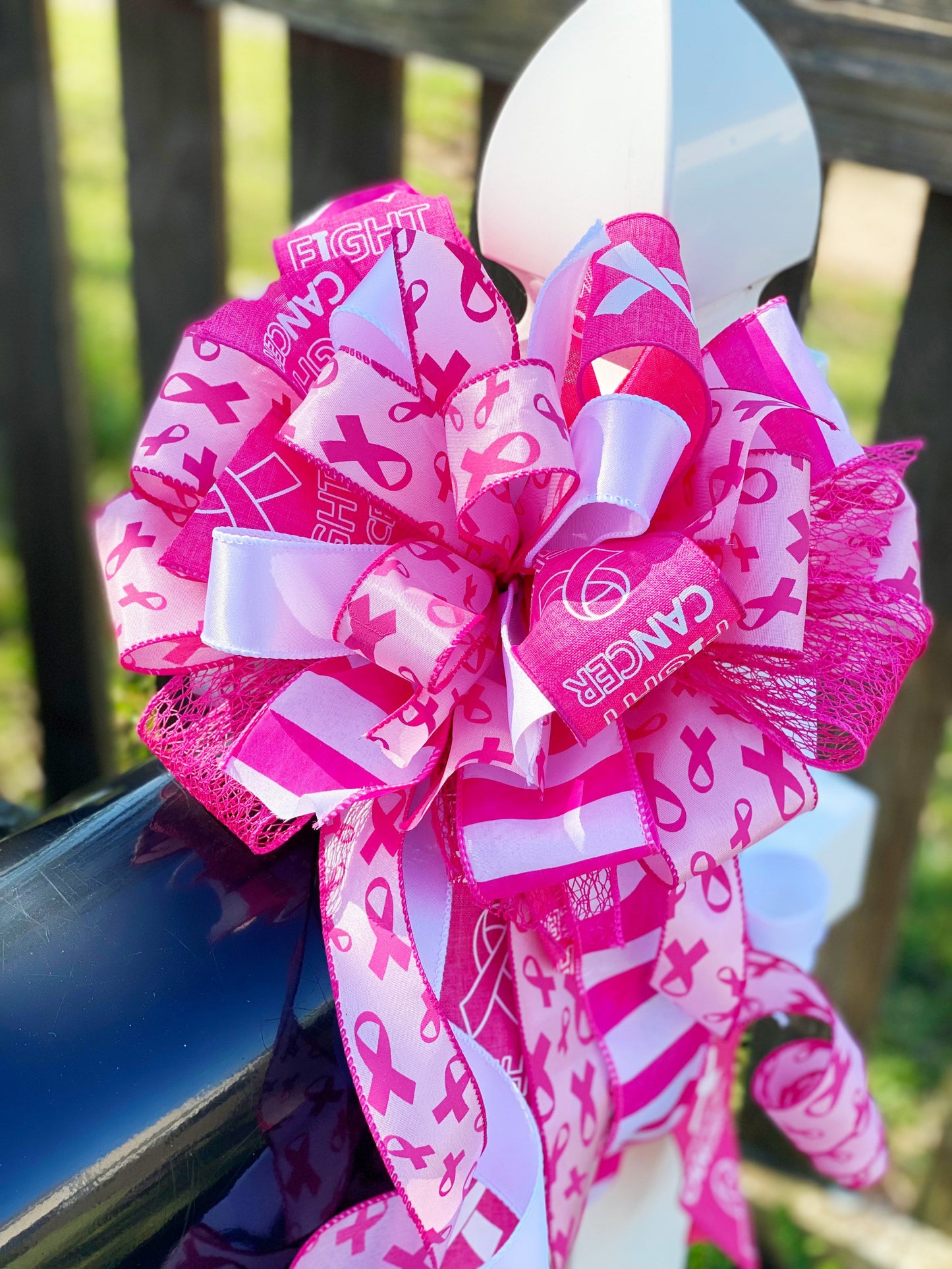 Breast Cancer Awareness Bow in Shades of Pink. Perfect for Mailbox, Door, and Wreath.