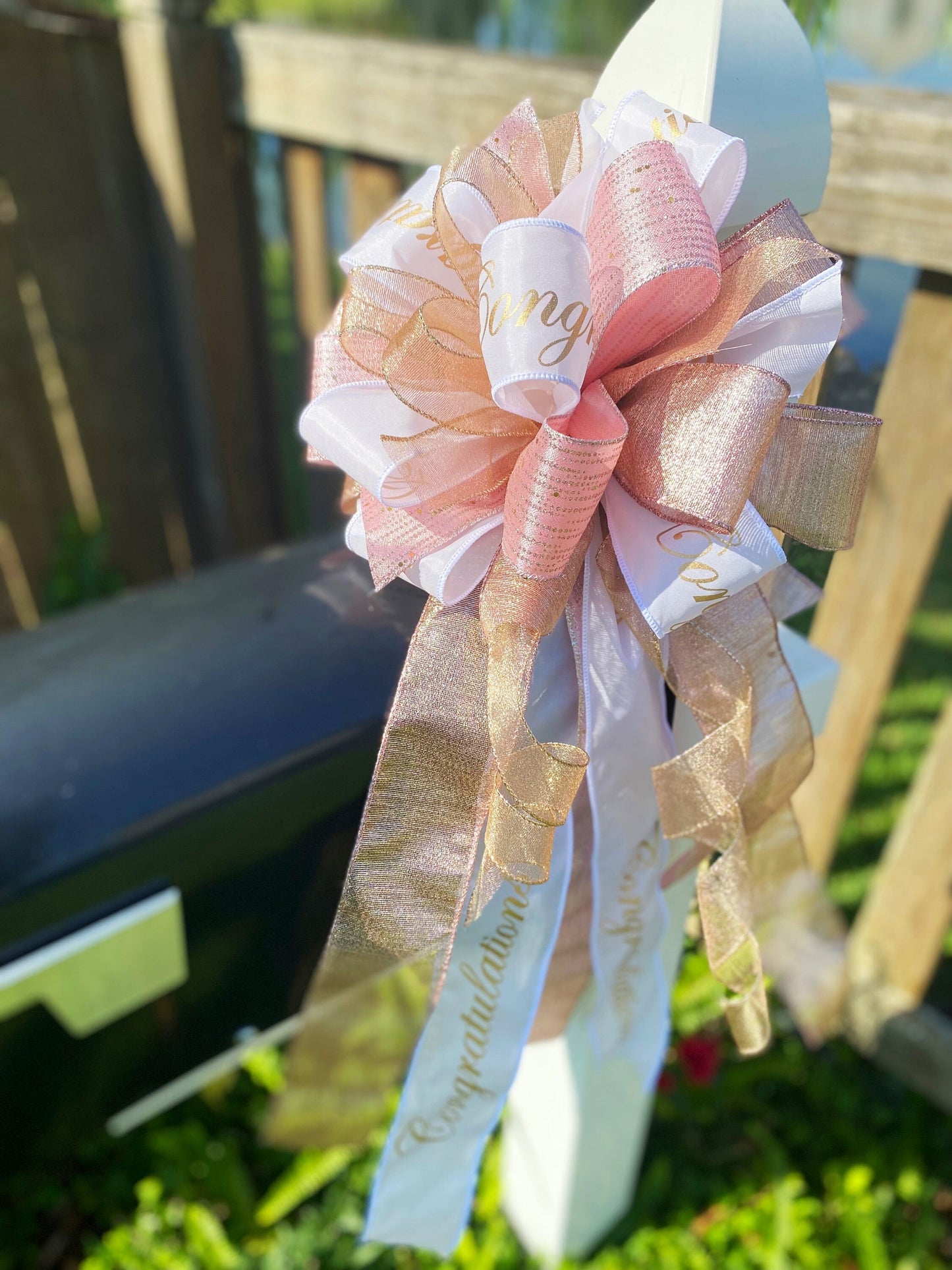 Congratulations Bow in Rose Gold, Gold, and White. Perfect for Mailbox, Door, and Wreath.