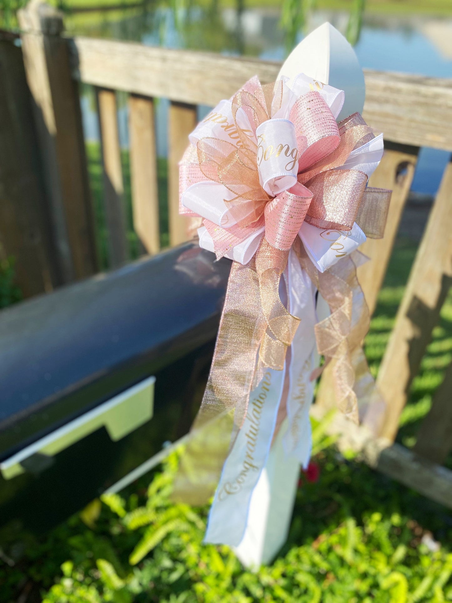 Congratulations Bow in Rose Gold, Gold, and White. Perfect for Mailbox, Door, and Wreath.