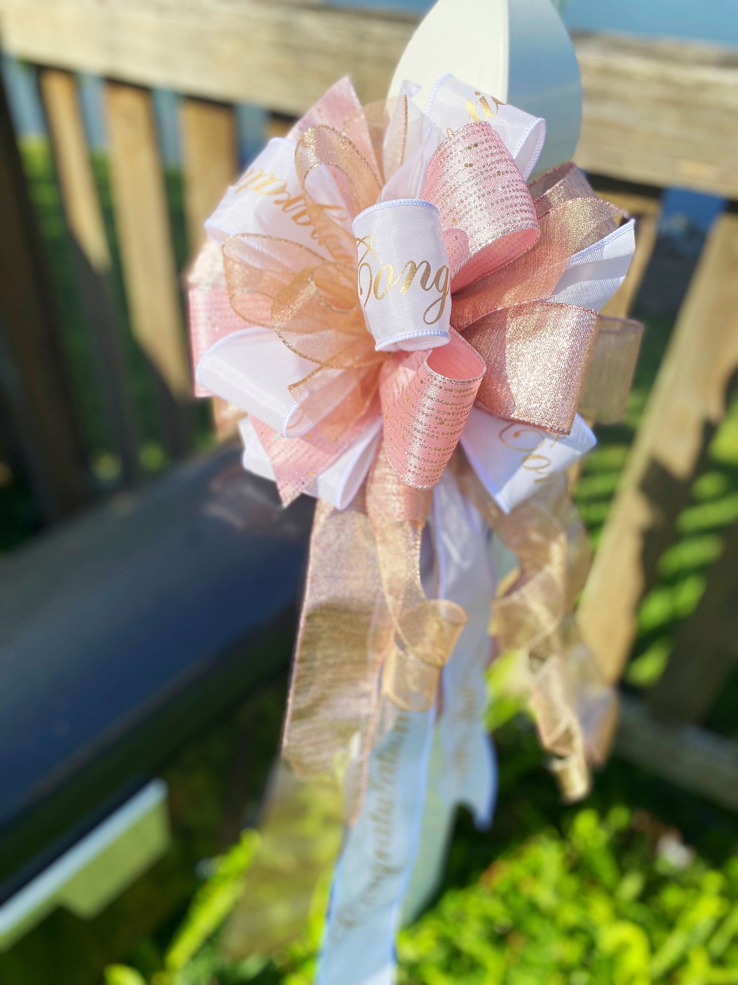 Congratulations Bow in Rose Gold, Gold, and White. Perfect for Mailbox, Door, and Wreath.